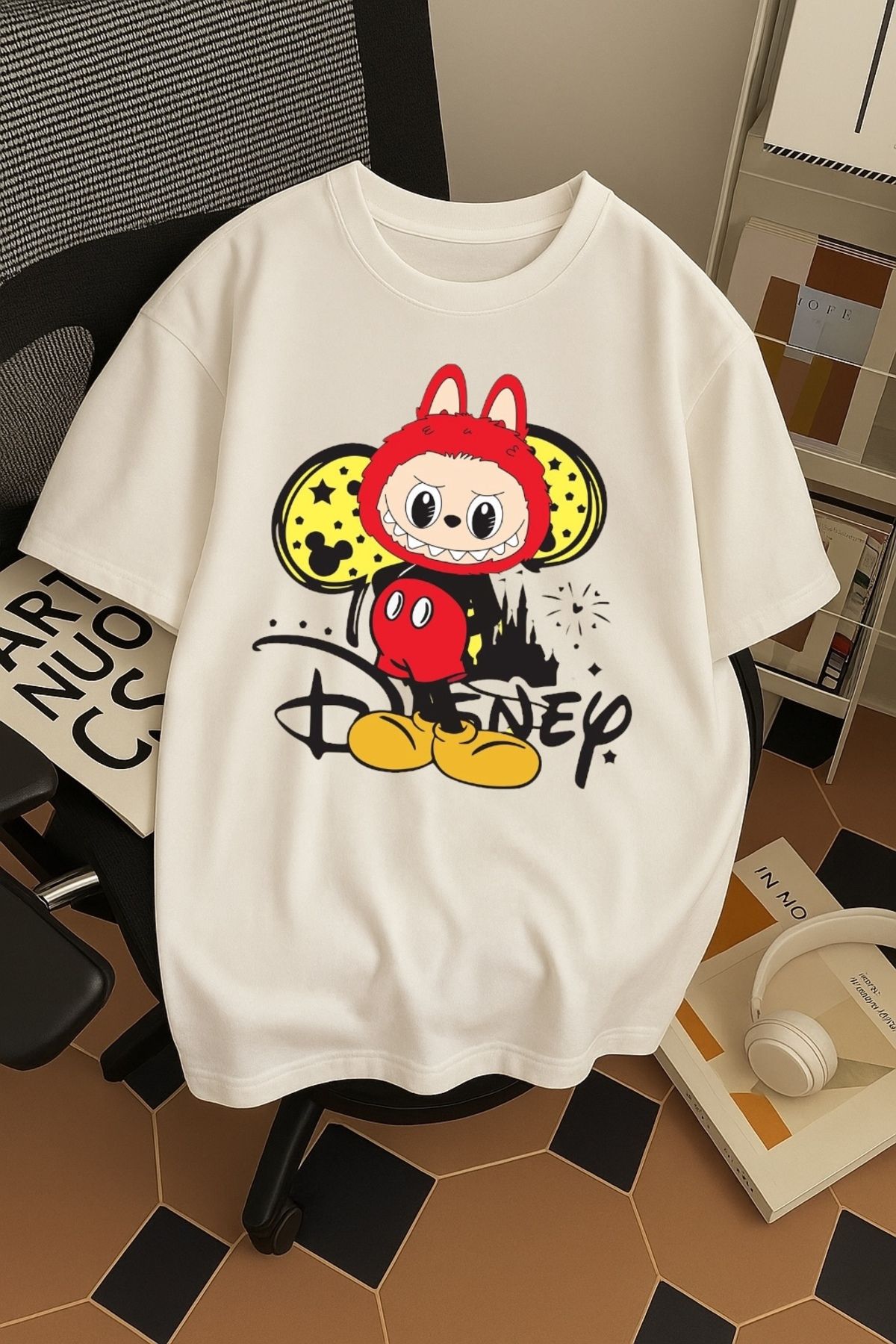 SOHR Unisex Erkek/Kadın Mickey Labubu Renkli Baskılı Oversize Pamuklu T-Shirt