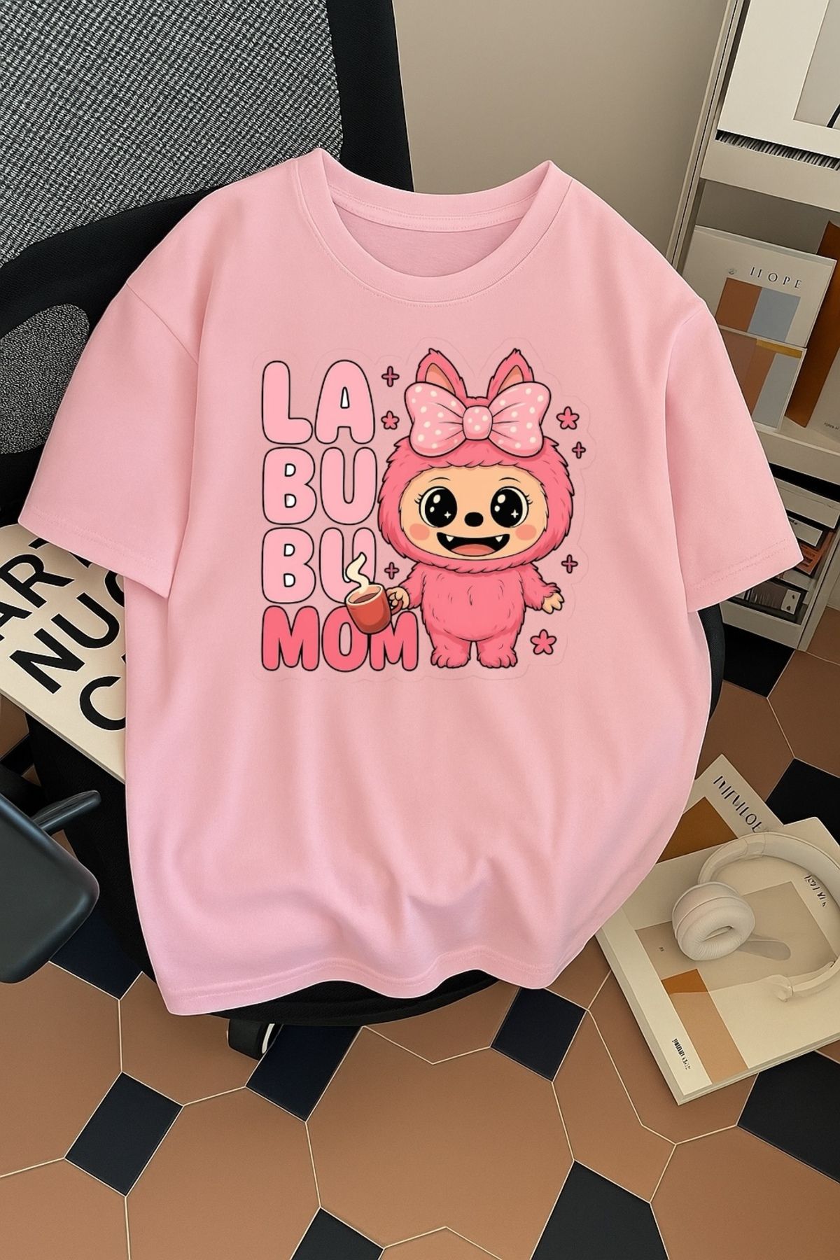 SOHR Unisex Erkek/Kadın Labubu Mom Renkli Baskılı Oversize Pamuklu T-Shirt