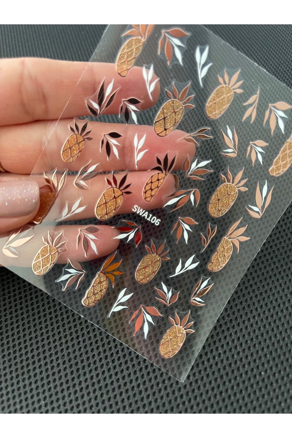 zeinapp Kendinden Yapışkanlı Rose Varaklı Ananas Yaprak Figürlü Simli Tırnak Sticker Nail Sticker