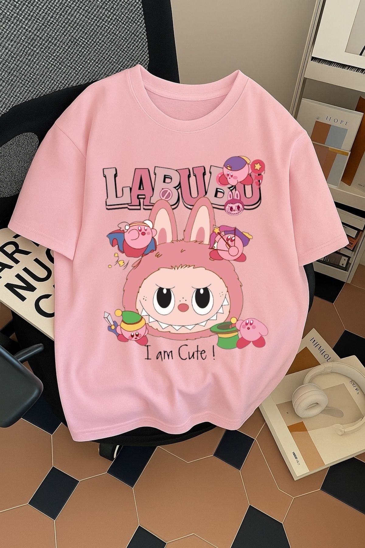 SOHR Unisex Erkek/Kadın Labubu Im Cute Renkli Baskılı Oversize Pamuklu T-Shirt