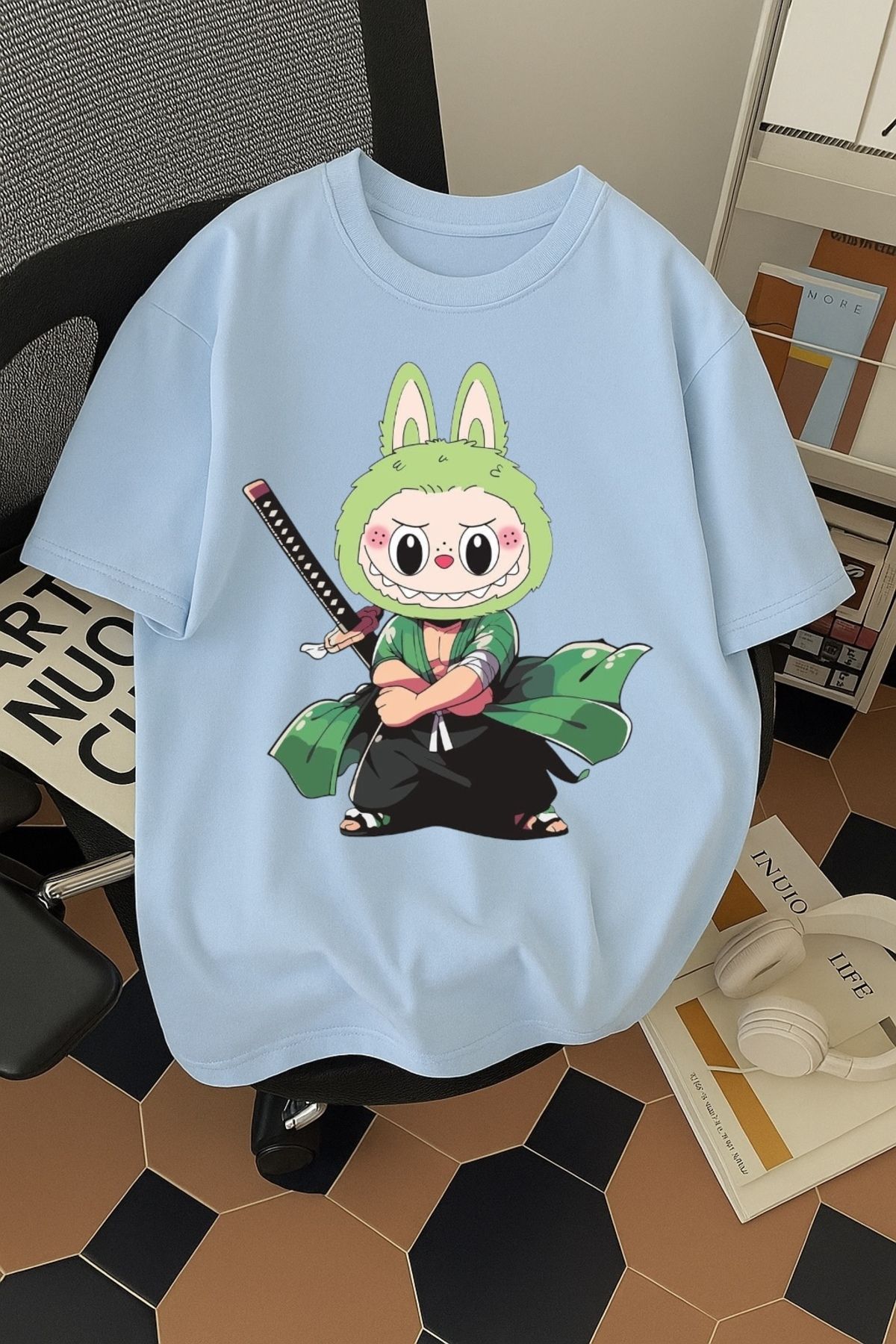 SOHR Unisex Erkek/Kadın Zoro Labubu Renkli Baskılı Oversize Pamuklu T-Shirt