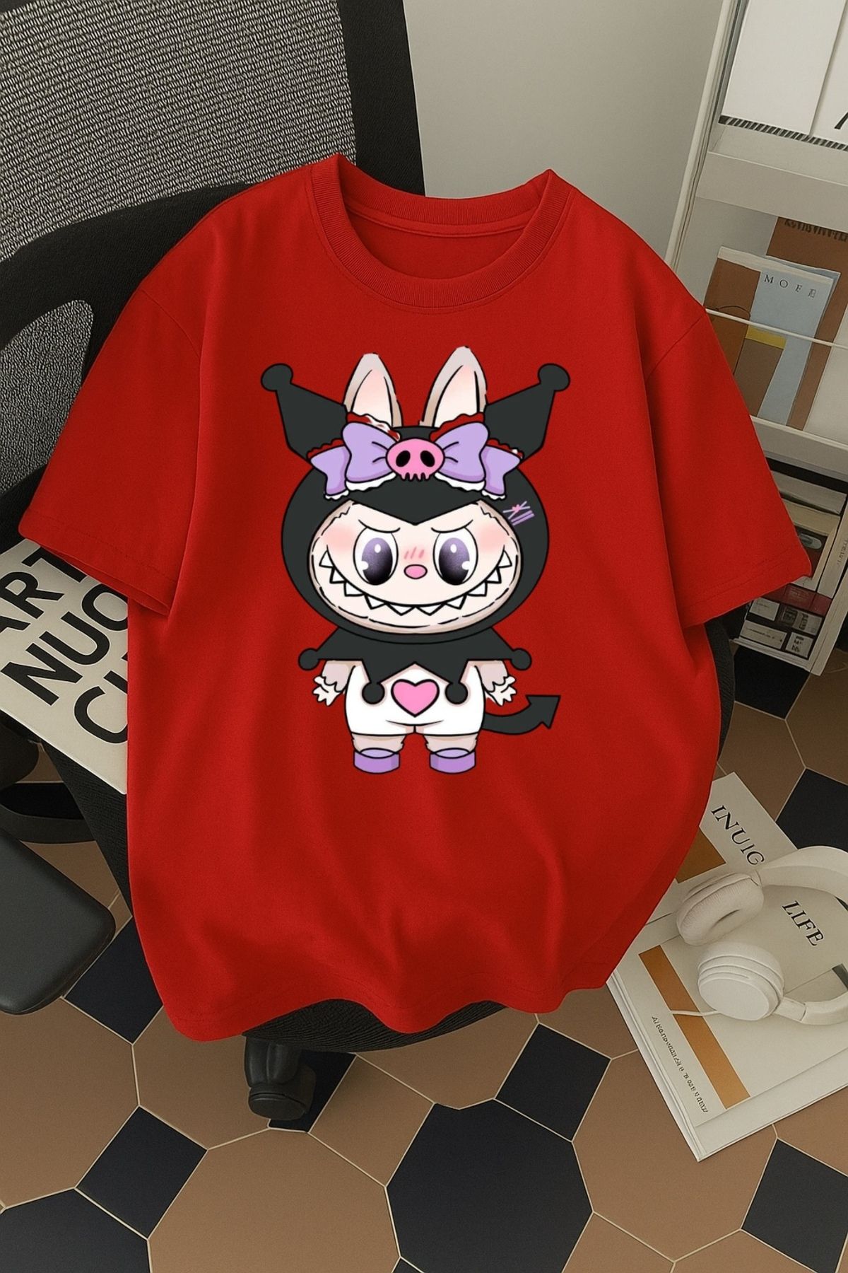 SOHR Unisex Erkek/Kadın Kuromi Labubu Renkli Baskılı Oversize Pamuklu T-Shirt