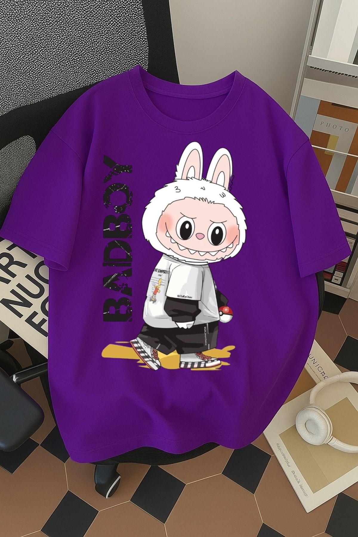 SOHR Unisex Erkek/Kadın Labubu BadBoy Renkli Baskılı Oversize Pamuklu T-Shirt