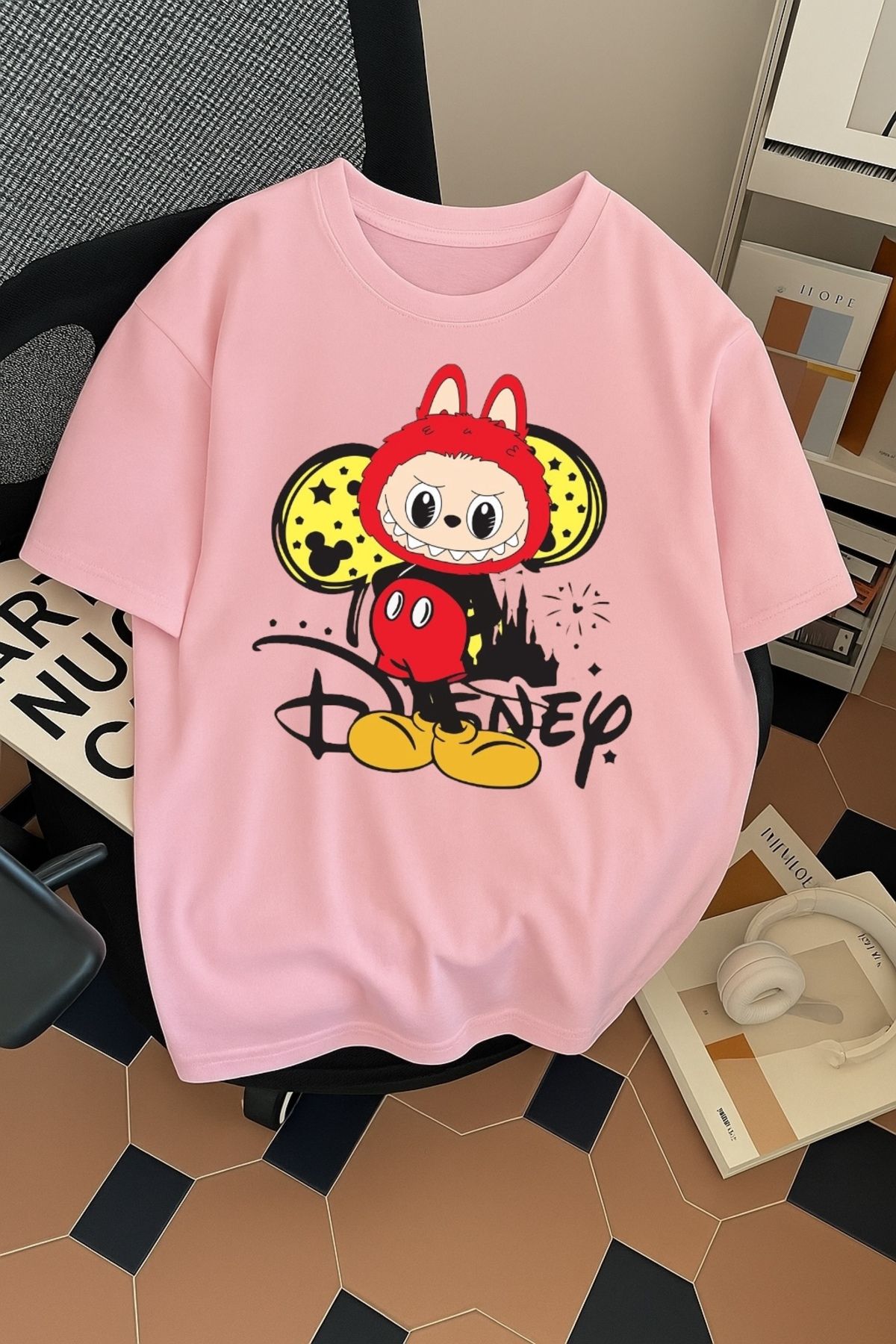 SOHR Unisex Erkek/Kadın Mickey Labubu Renkli Baskılı Oversize Pamuklu T-Shirt