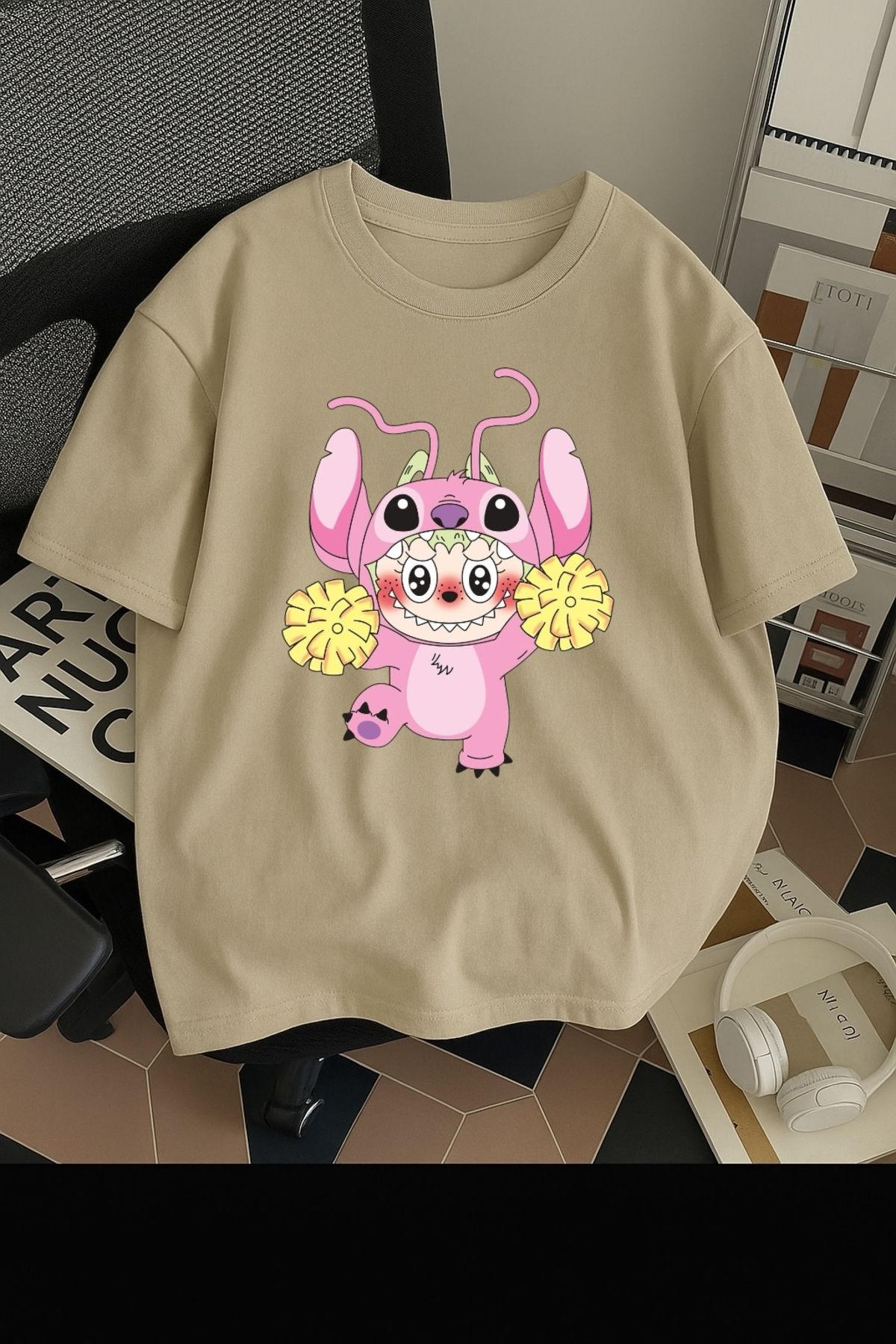 SOHR Unisex Erkek/Kadın Angel Labubu Renkli Baskılı Oversize Pamuklu T-Shirt