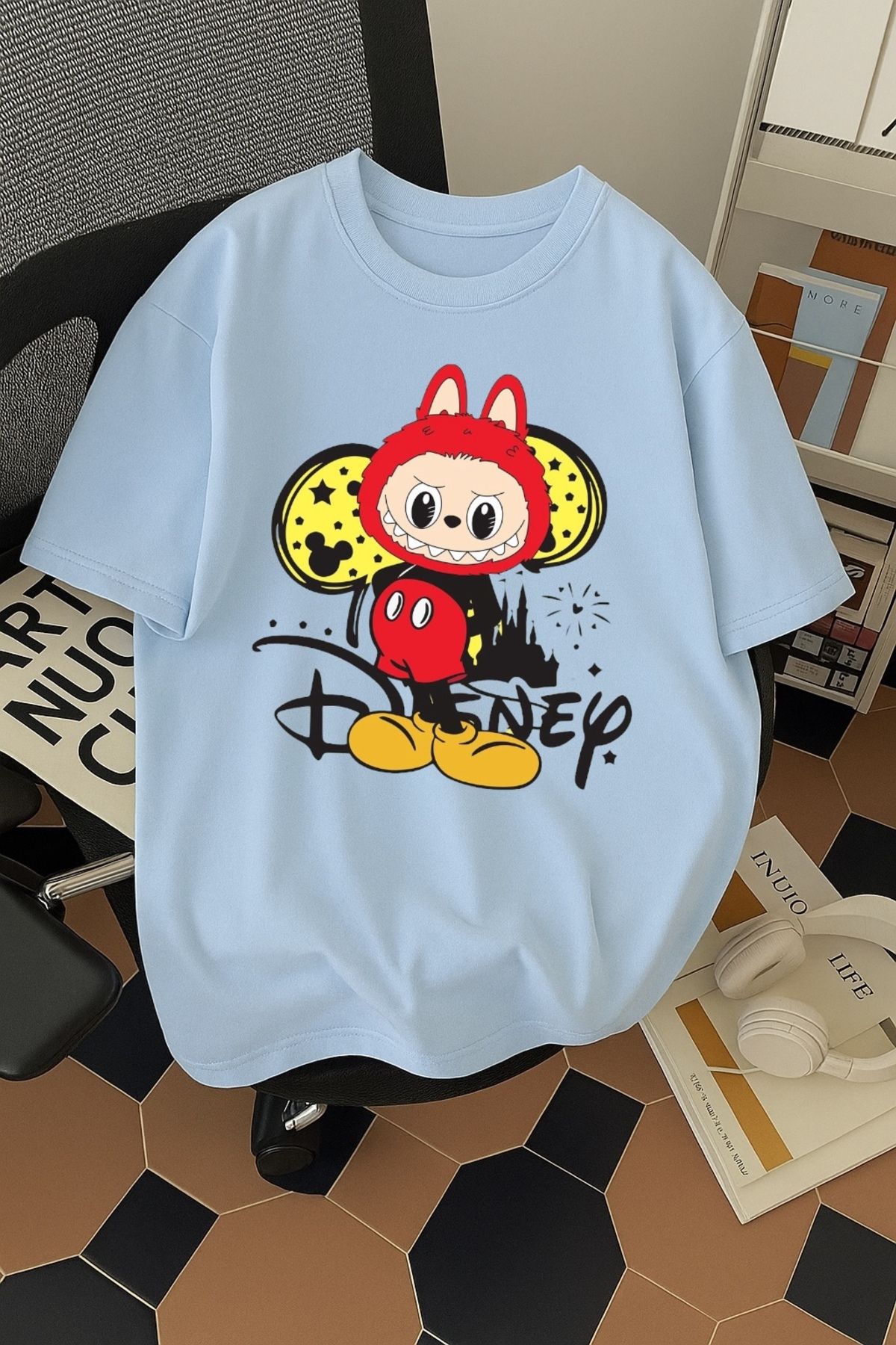 SOHR Unisex Erkek/Kadın Mickey Labubu Renkli Baskılı Oversize Pamuklu T-Shirt