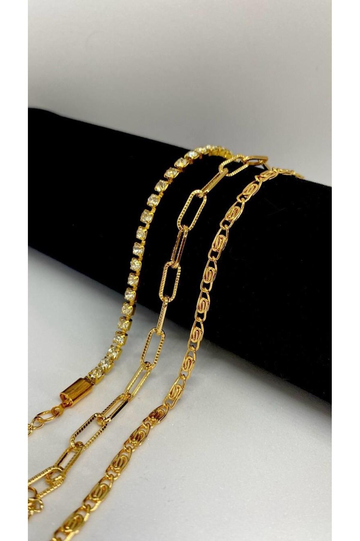 Axuu Collection 3 Parçalı Kadın Bileklik Kombini Gold Bileklik Seti Su Yolu Zincir Bileklik