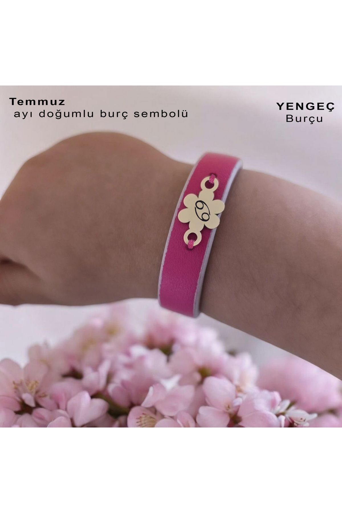 ARCHINO GOLD Temmuz Ayı Doğumlarına Çiçek Motifli 14 Ayar Altın Plakalı Doğal Pembe Derili Hediye Bileklik-383ay