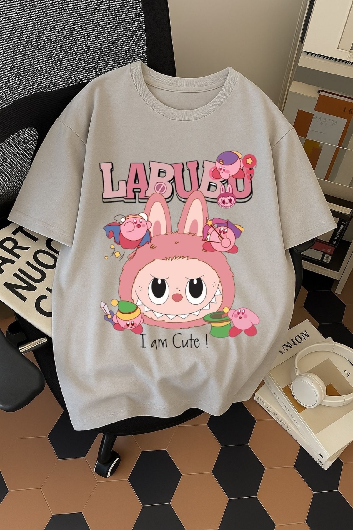 SOHR Unisex Erkek/Kadın Labubu Im Cute Renkli Baskılı Oversize Pamuklu T-Shirt