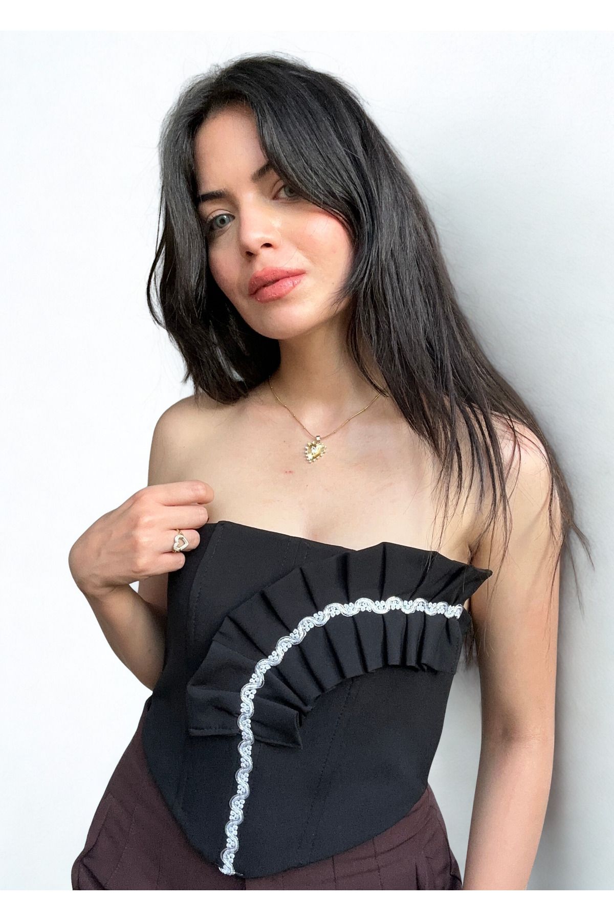 BELTICHA Pilise Detaylı Büstiyer Coquette Tarzı Şerit Detay Balenli Y2K Korse Crop Büstiyer Pliseli