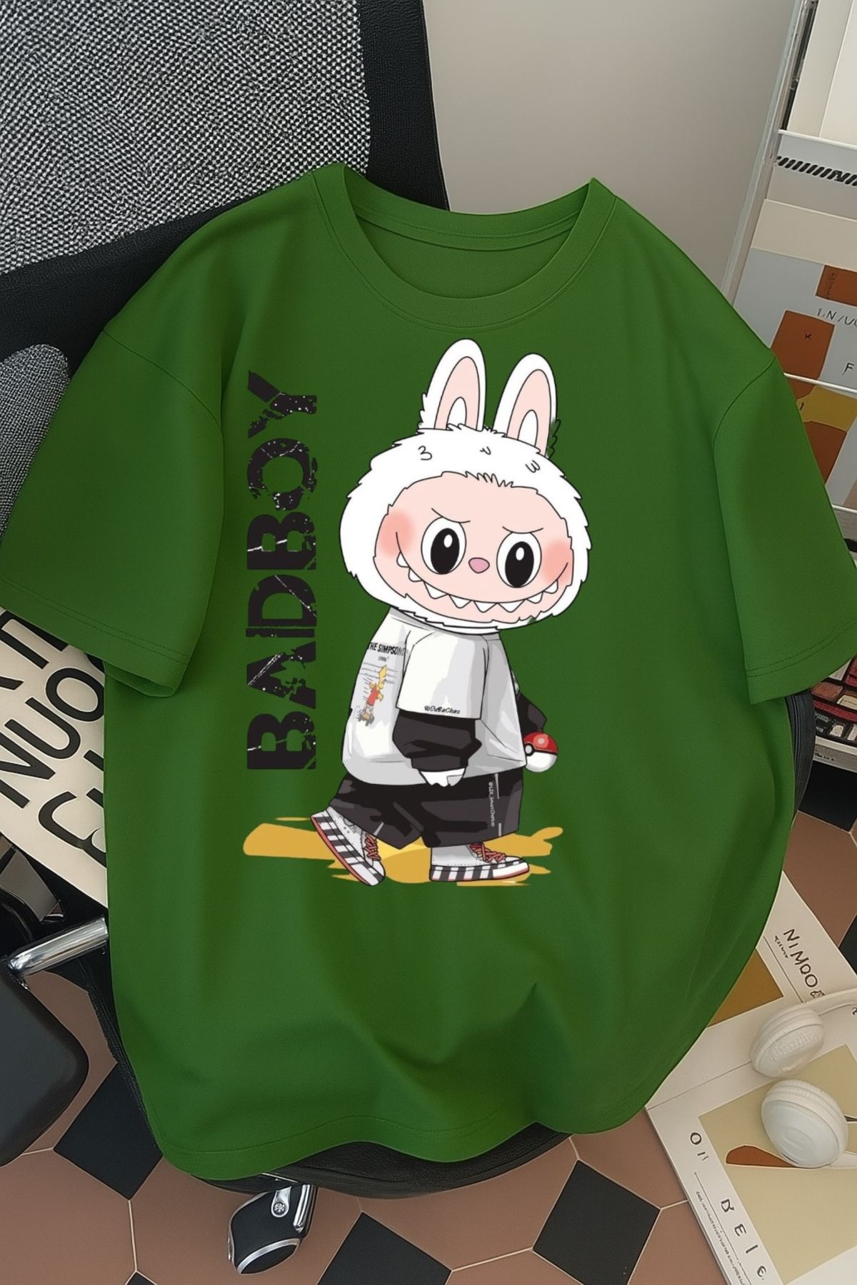 SOHR Unisex Erkek/Kadın Labubu BadBoy Renkli Baskılı Oversize Pamuklu T-Shirt