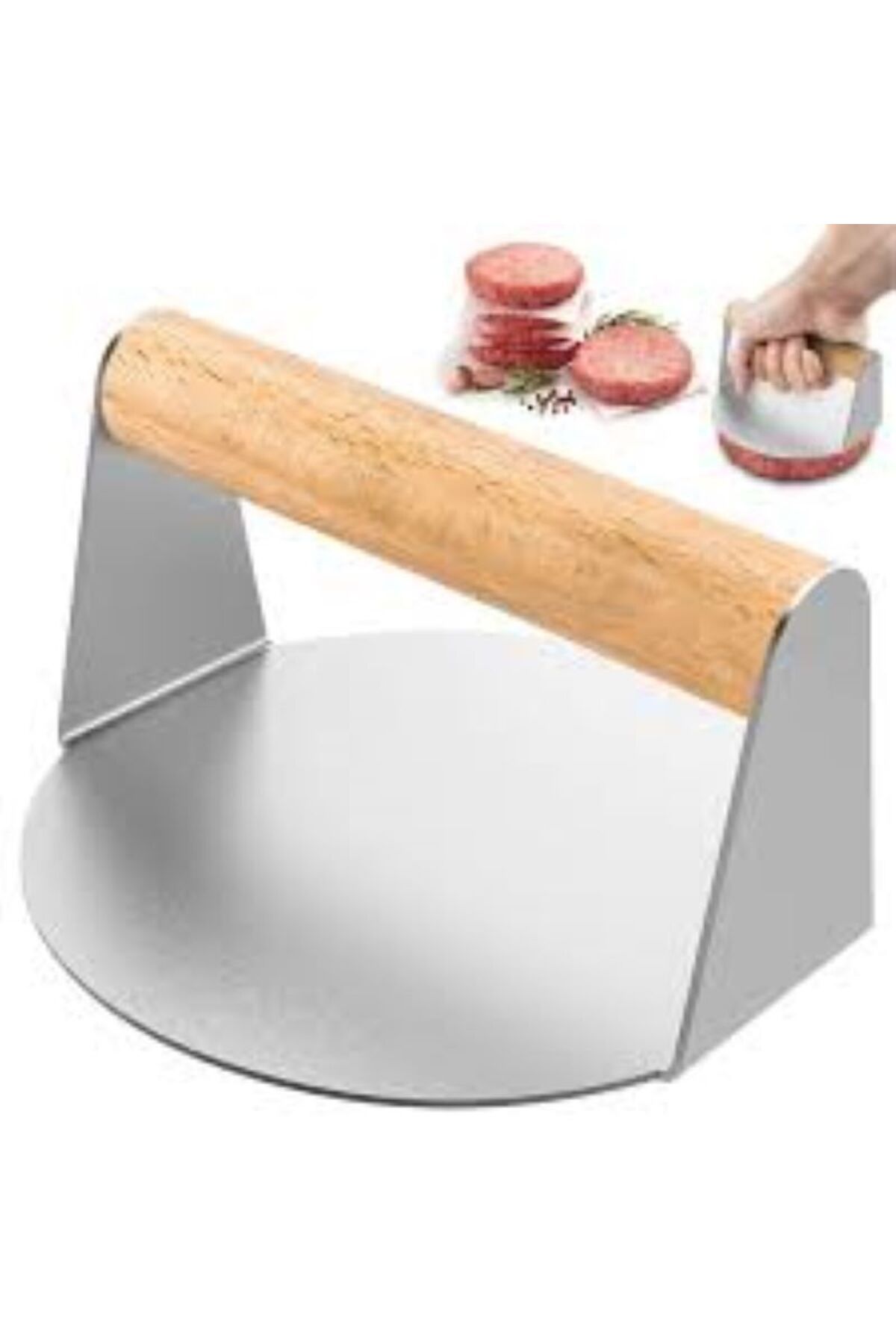 DEVMEER Yuvarlak Smash Burger Presi ,14 CM ,3 MM 304 Paslanmaz Çelik Burger Presi, Ahşap Saplı