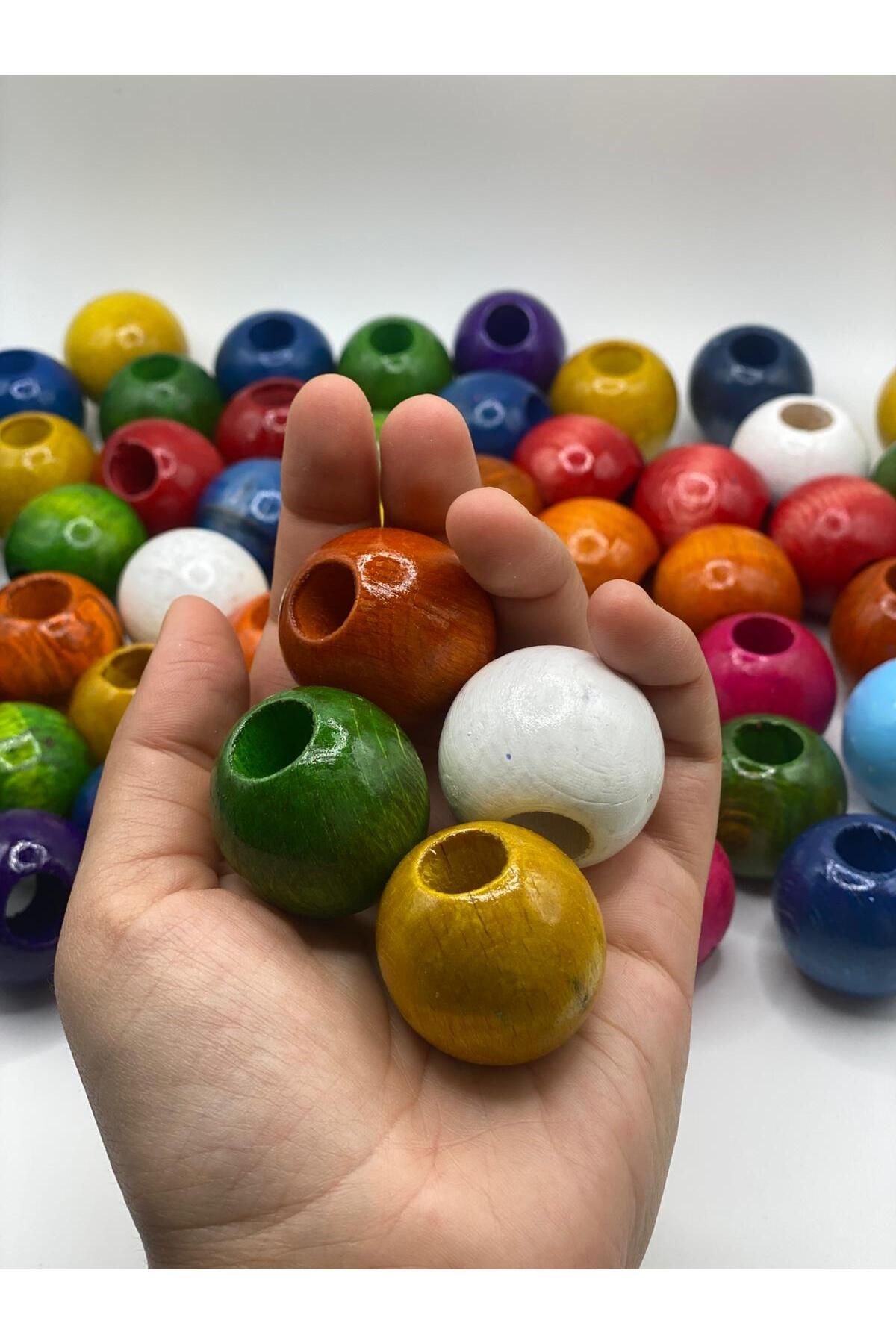 Fiolimore 32 mm Karışık Renkli Ahşap Boncuk (1 KG 110-120 Adet)Yuvarlak Makrome Çanta Tasarım Delik Çapı 12 mm