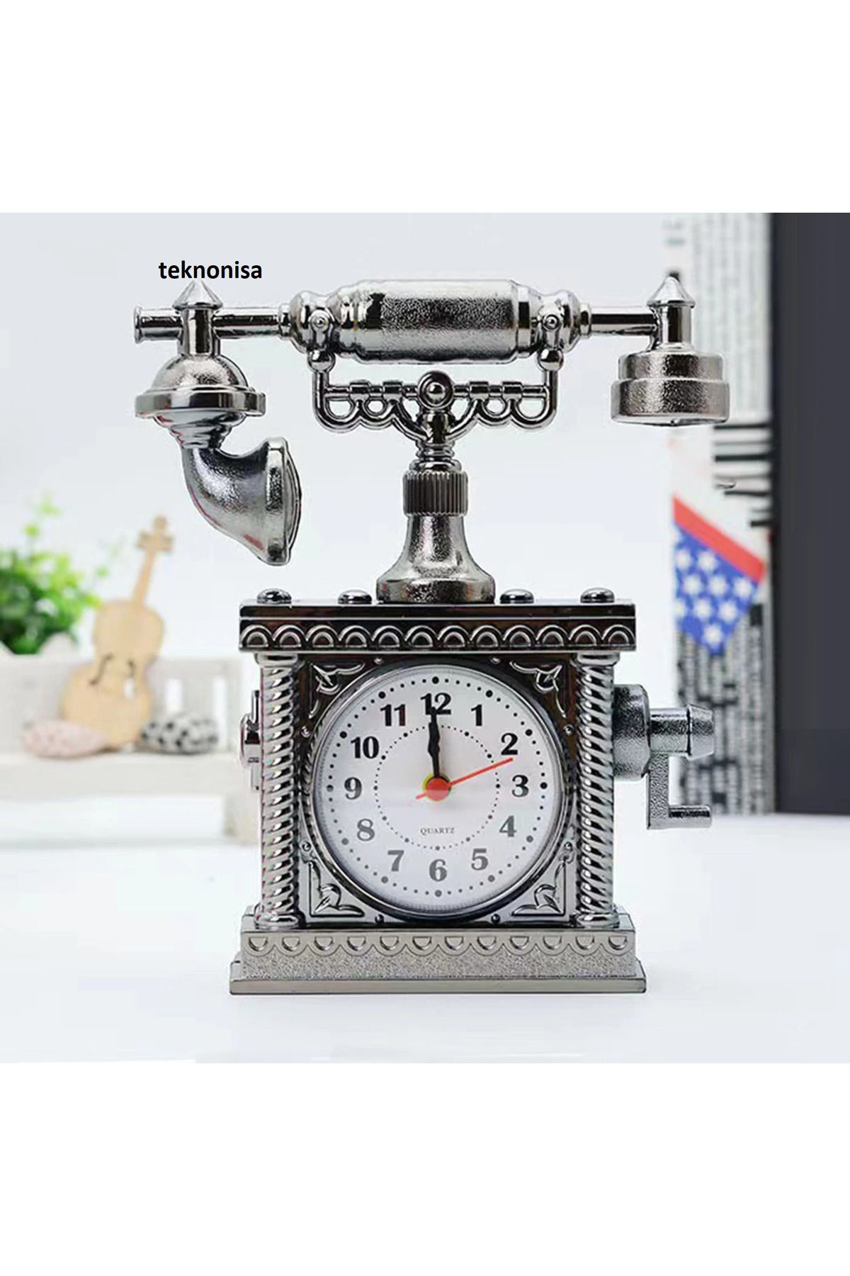 teknonisa NOSTALJİK Telefon masa saati heykeli Dekoratif Masa Saati Çalar Masa Saat Pilli