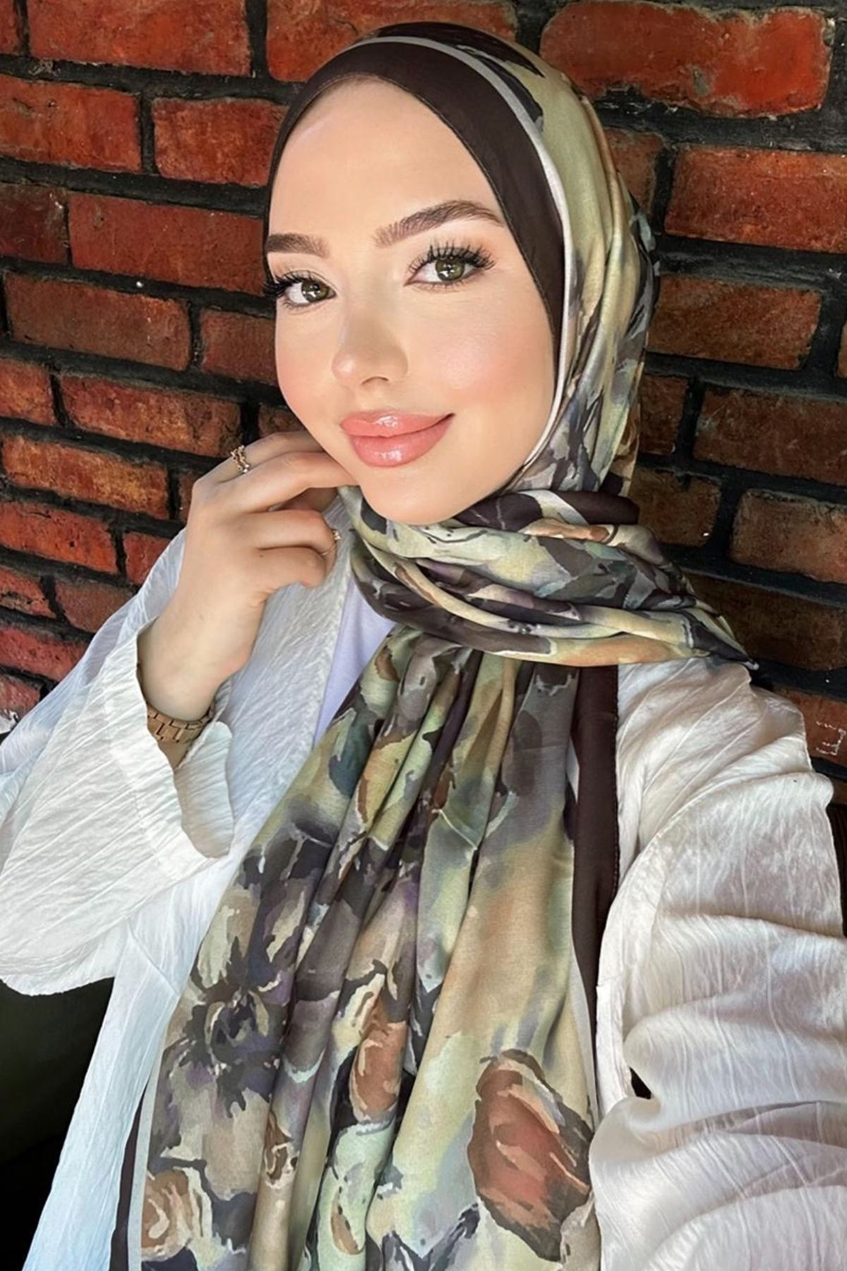 Modaselvim Gül Desenli Soft Şal Serisi 707ART1138 Haki