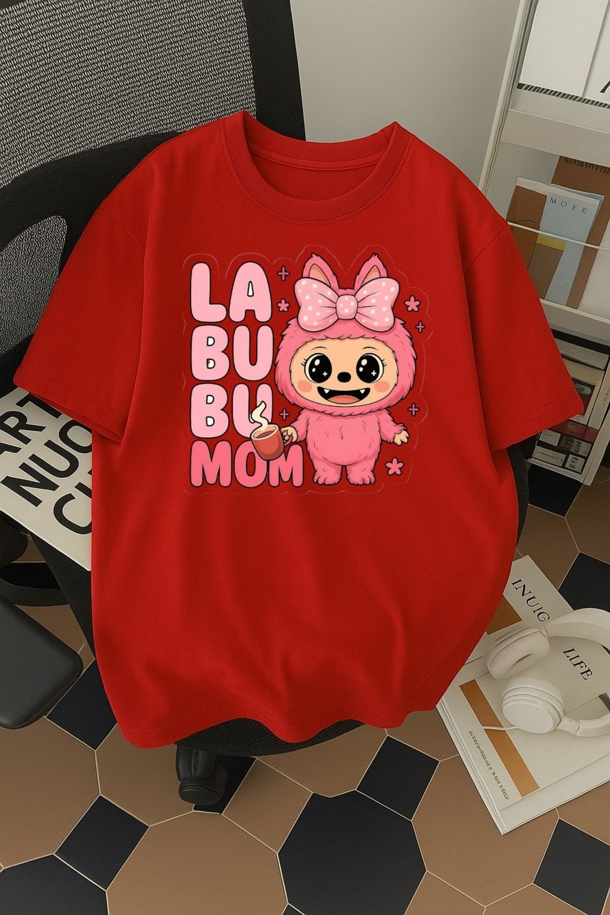 SOHR Unisex Erkek/Kadın Labubu Mom Renkli Baskılı Oversize Pamuklu T-Shirt