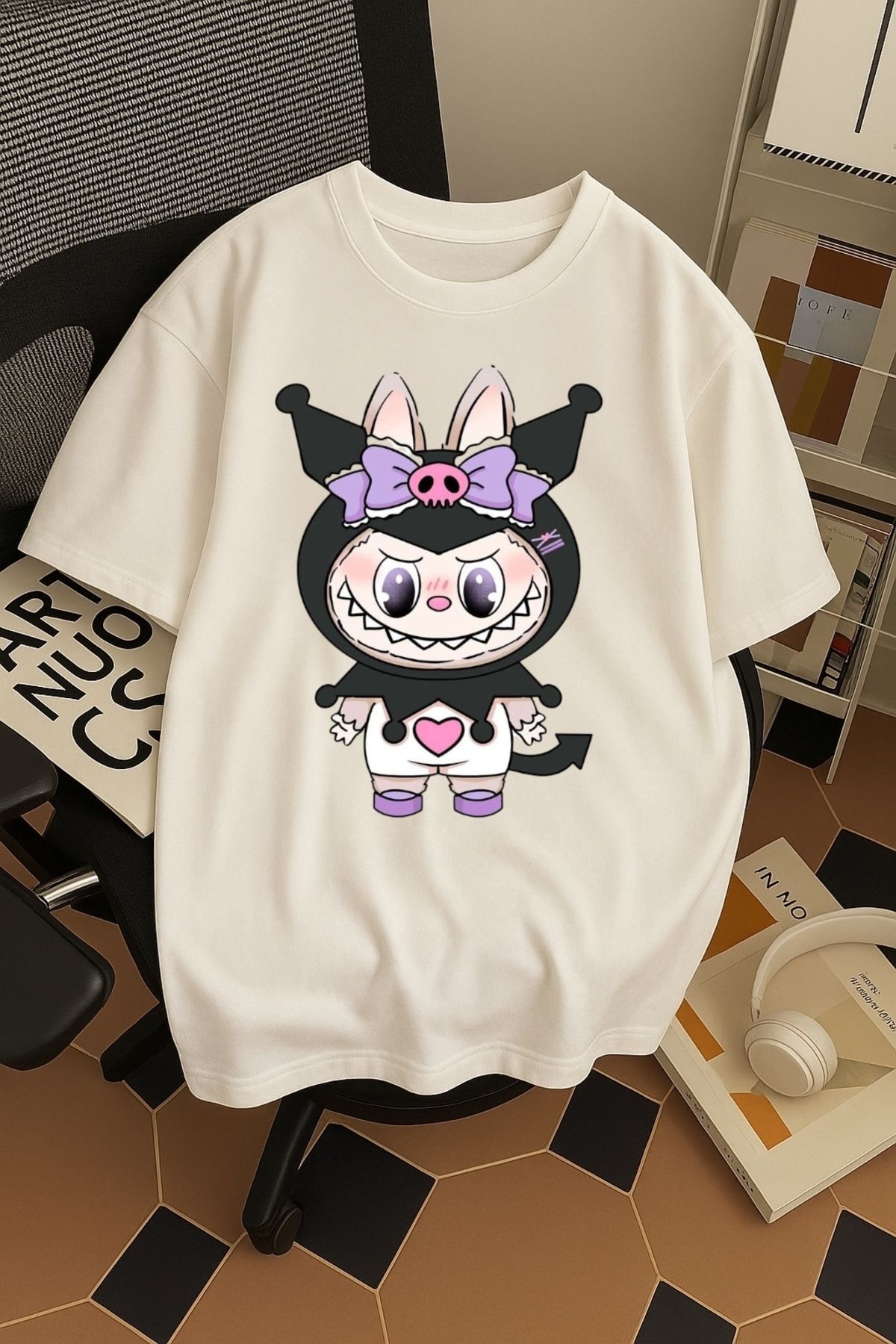 SOHR Unisex Erkek/Kadın Kuromi Labubu Renkli Baskılı Oversize Pamuklu T-Shirt