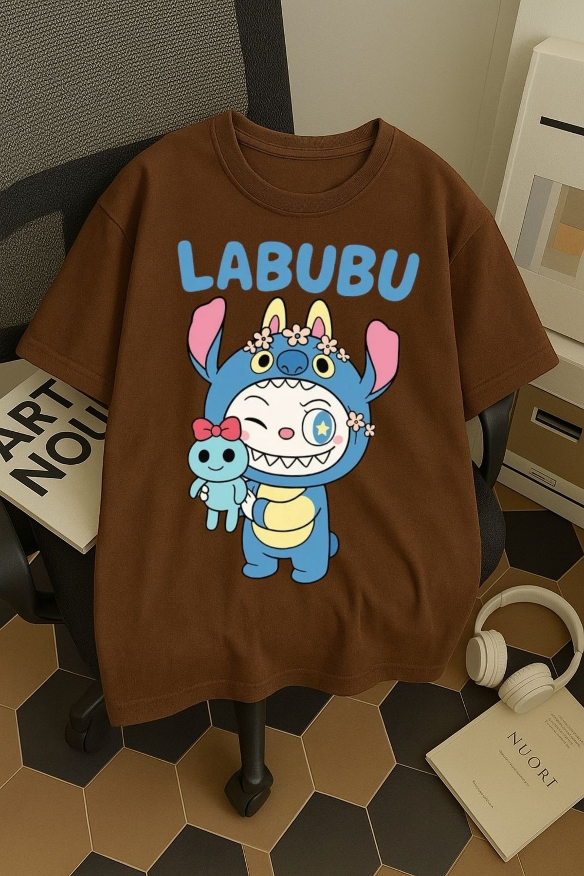 SOHR Unisex Erkek/Kadın Labubu Stitch Renkli Baskılı Oversize Pamuklu T-Shirt