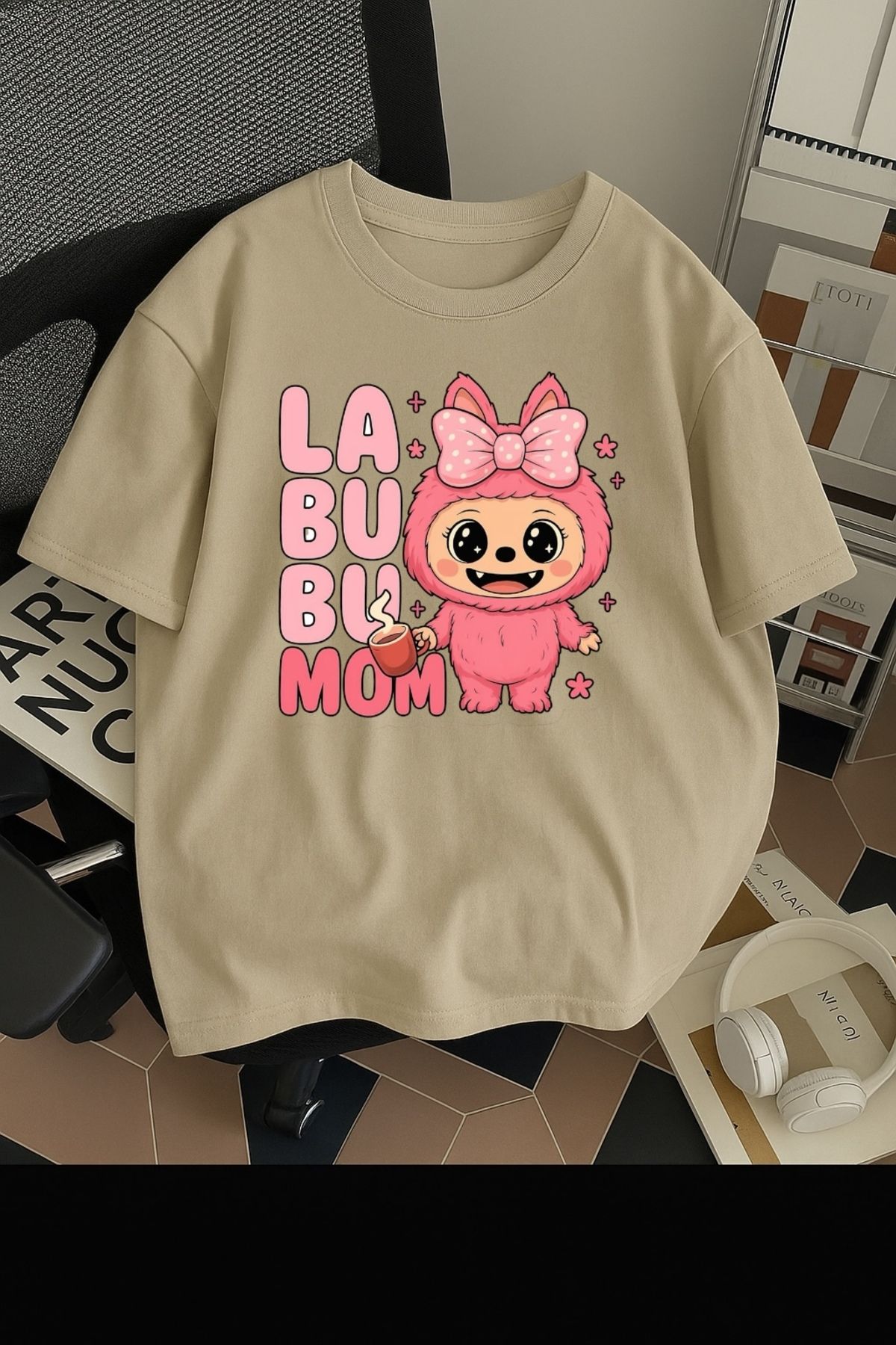 SOHR Unisex Erkek/Kadın Labubu Mom Renkli Baskılı Oversize Pamuklu T-Shirt