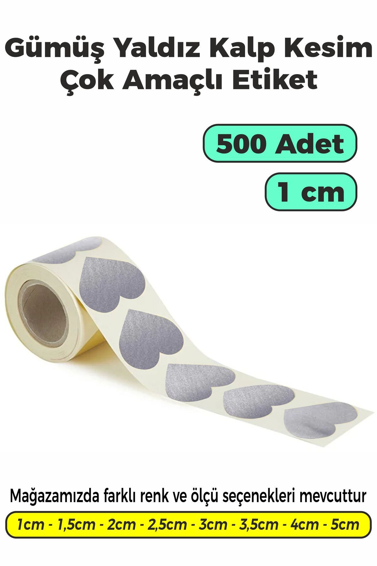 SB store Gümüş Yaldız Renk Kalp Kesim Çok Amaçlı Etiket 1cm 500 Adet