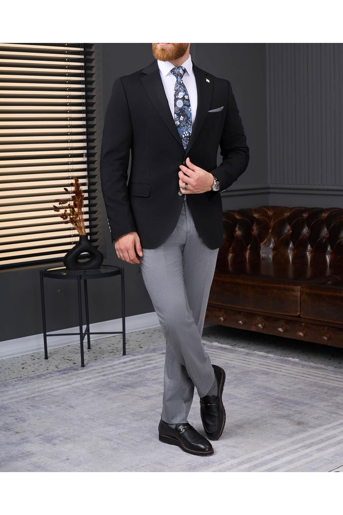 TerziAdemAltun İtalyan stil slim fit kombin takım elbise siyah T13924