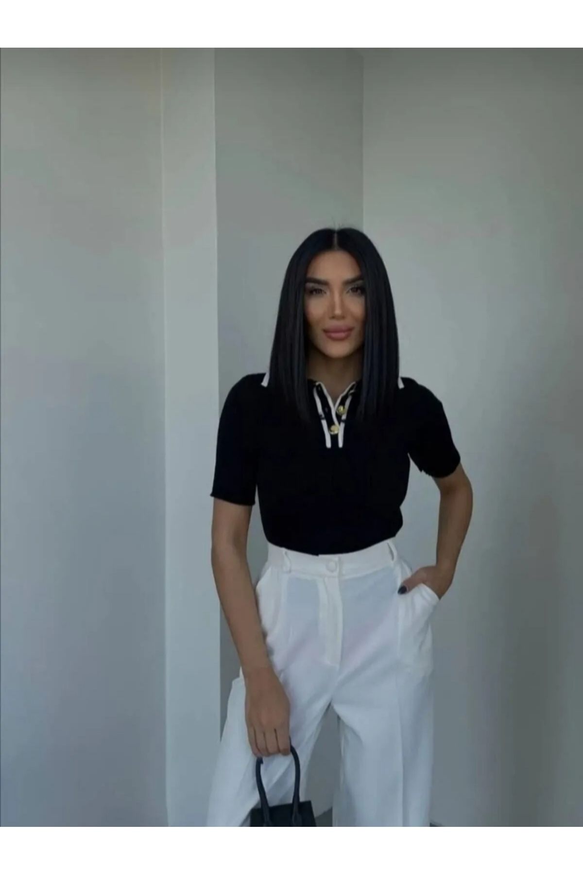 DAMGA Collection Ribanalı Düğmeli İkili Polo Yaka Triko Bluz