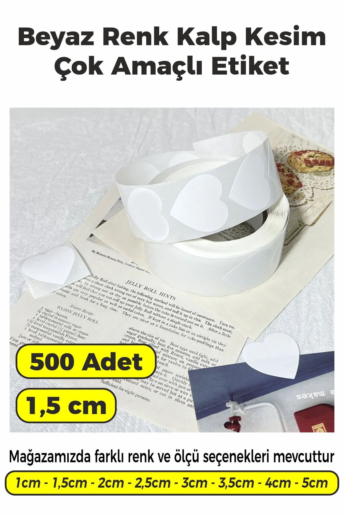 SB store Beyaz Renk Kalp Kesim Çok Amaçlı Etiket 1,5cm 500 Adet