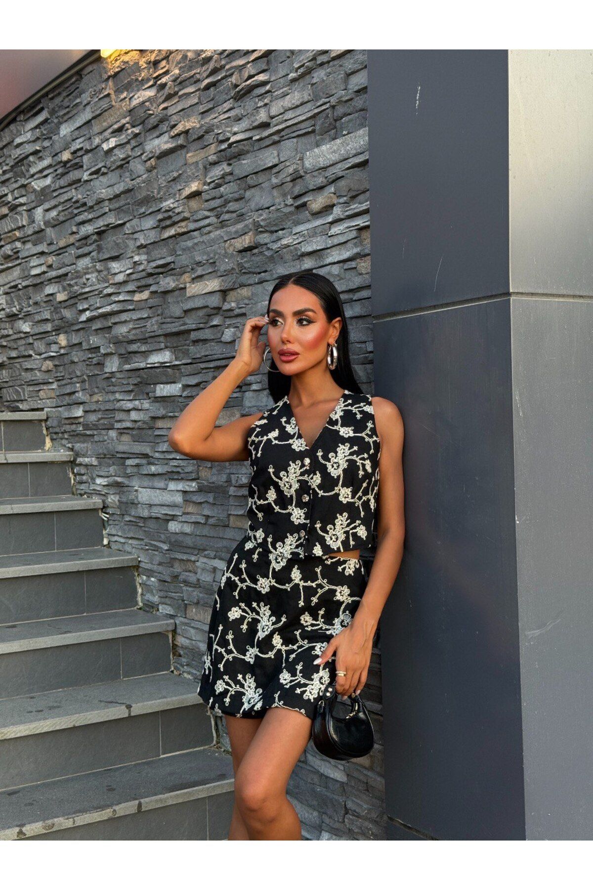 MAUN COLLECTION Nakışlı Yelek Şort Etekli Keten Takım