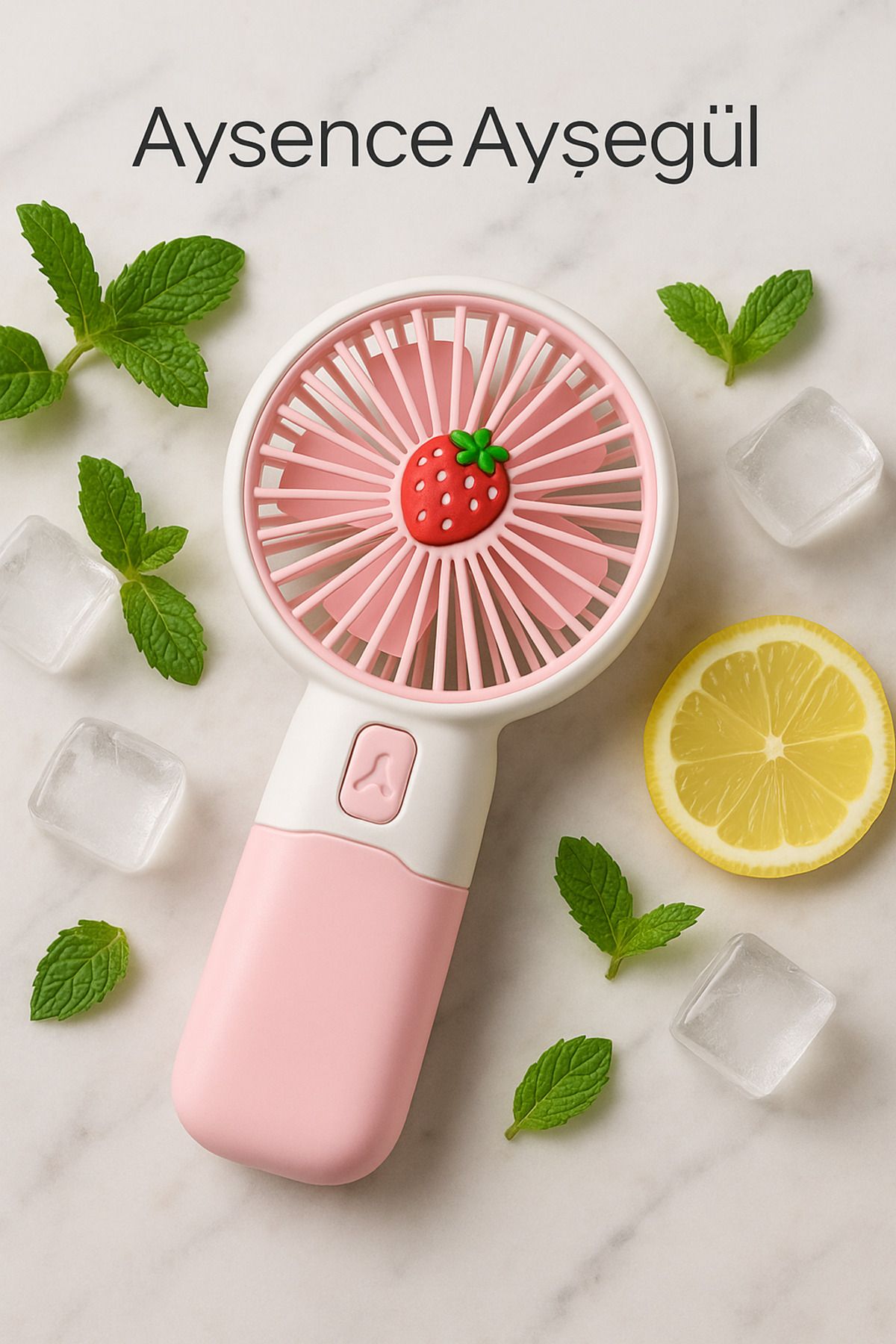 AYSENCE7 Aysence.Ayşegül Çilek Tasarımlı Taşınabilir Şarjlı El Fanı – Mini Serinletici Fan