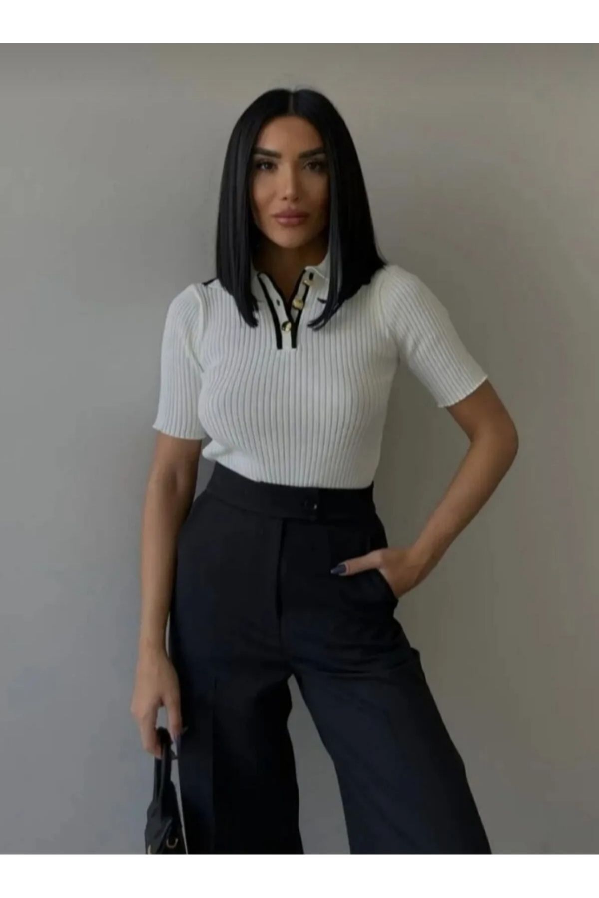 DAMGA Collection Ribanalı Düğmeli İkili Polo Yaka Triko Bluz