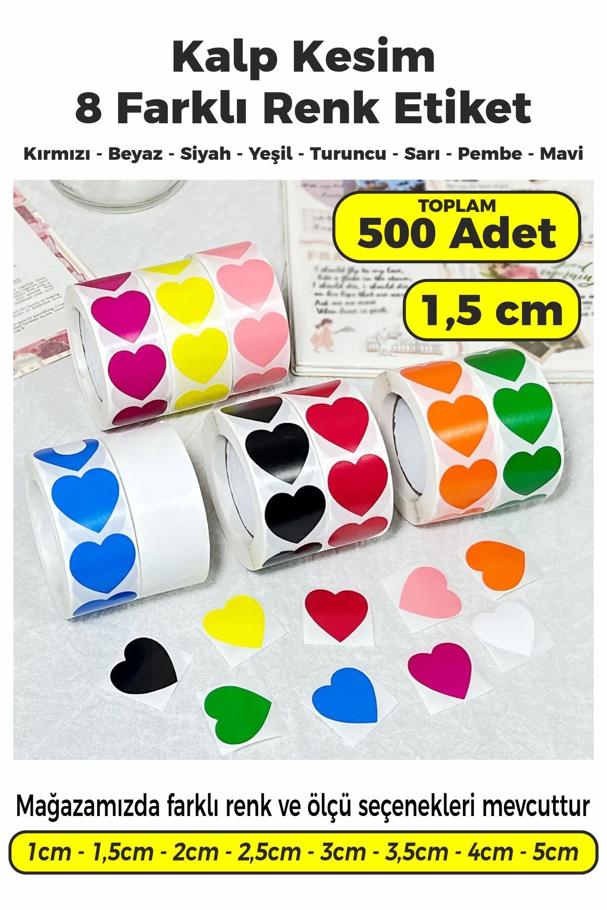 SB store Karışık Renk Kalp Kesim Çok Amaçlı Etiket 1,5cm 500 Adet