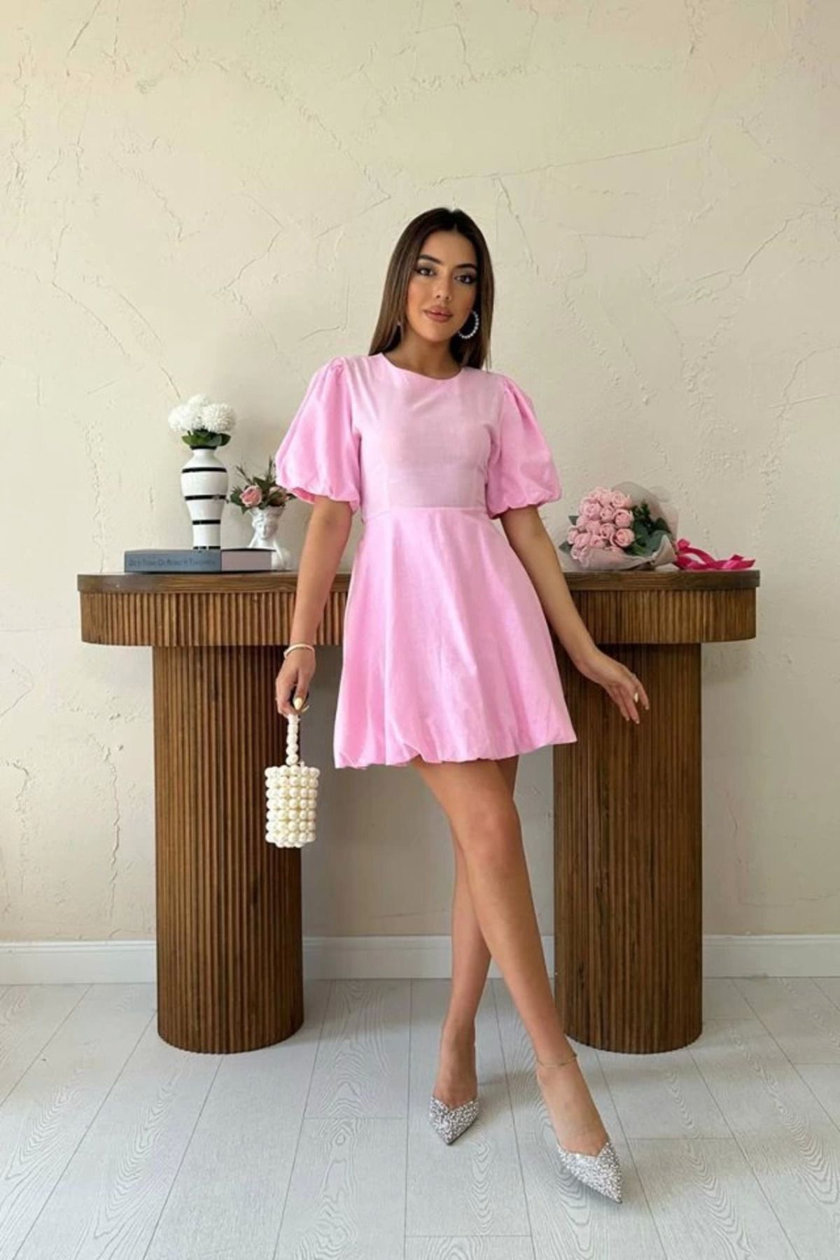 ZORM Pembe Arkadan Bağlamalı Keten Elbise