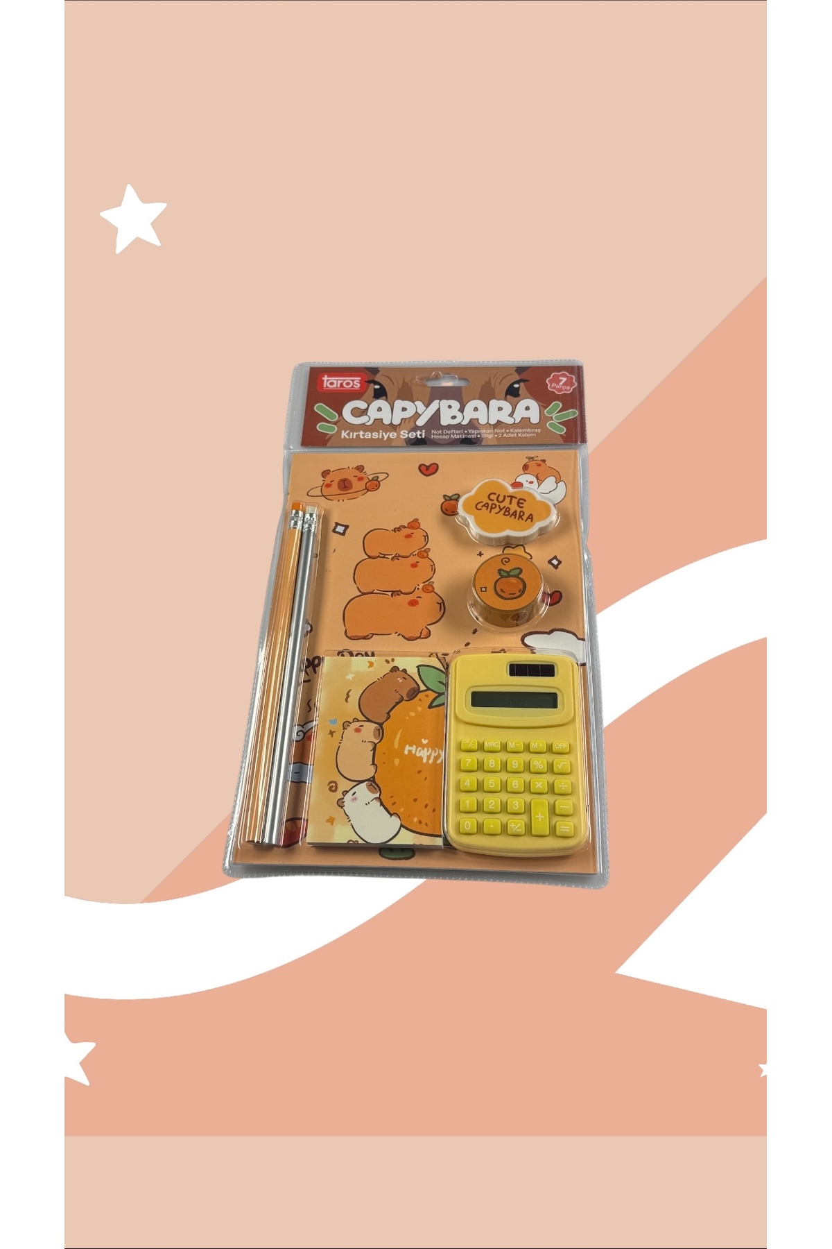 TAROS KIRTASİYE Capybara Temalı Kırtasiye Seti 7 Parça - Sevimli Defter, Hesap Makinesi, Kalem ve Okul Gereçleri
