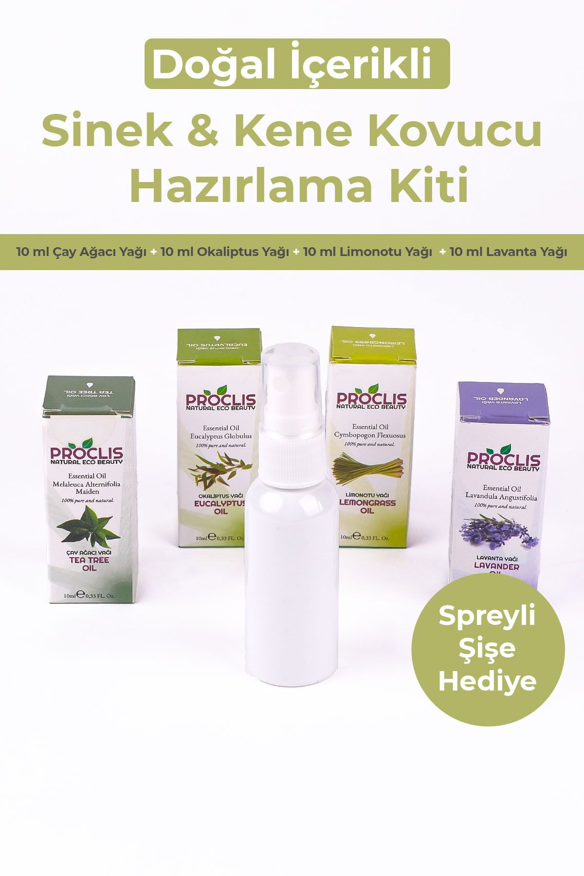 proclis Doğal Sivrisinek ve Kene Kovucu Sprey Yağ Seti – 4’lü Uçucu Yağ + Sprey Şişe