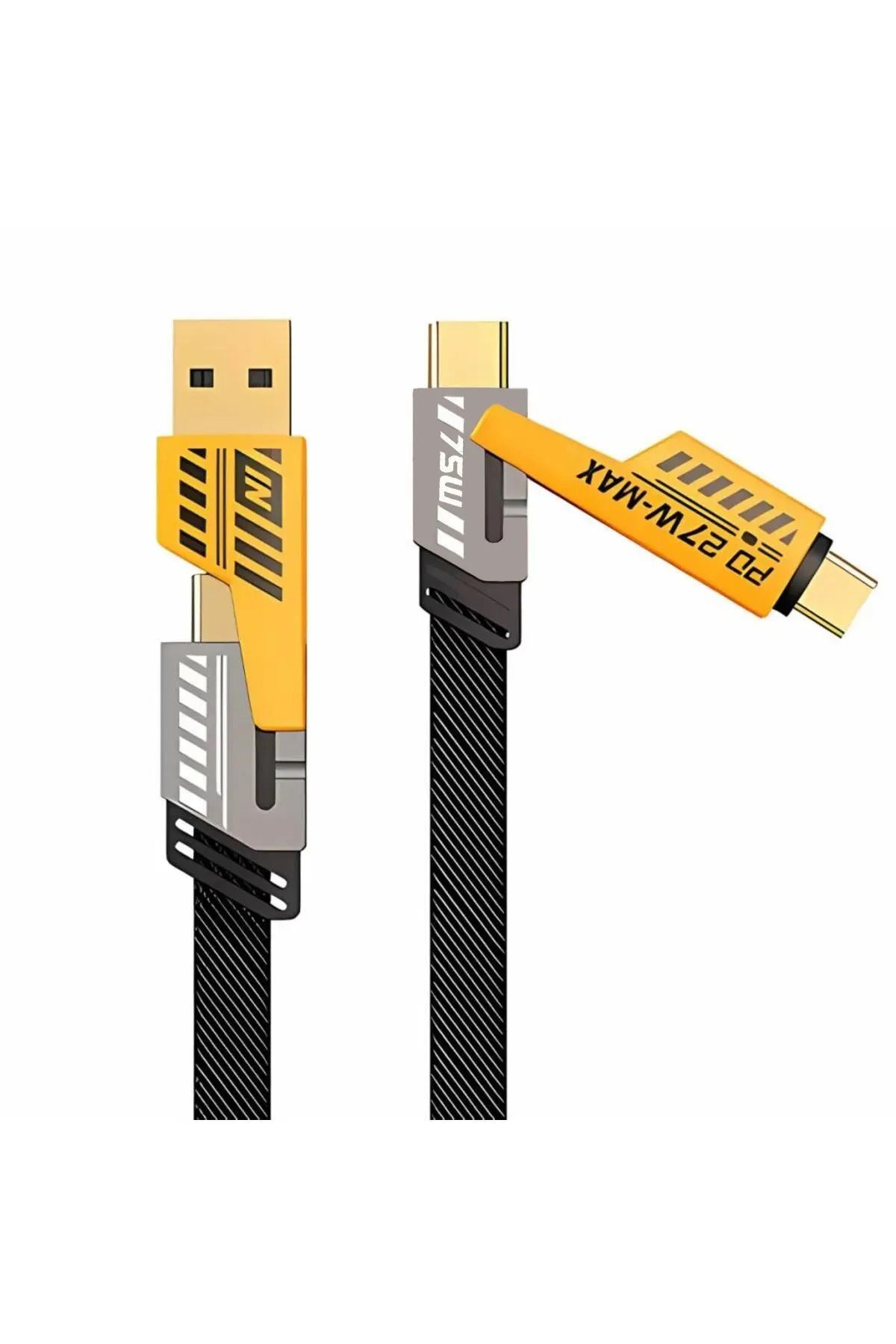 Rastpage Çok Fonksiyonlu 4in1 75W Type C + USB A + Lightning Yassı Şarj ve Data Kablosu
