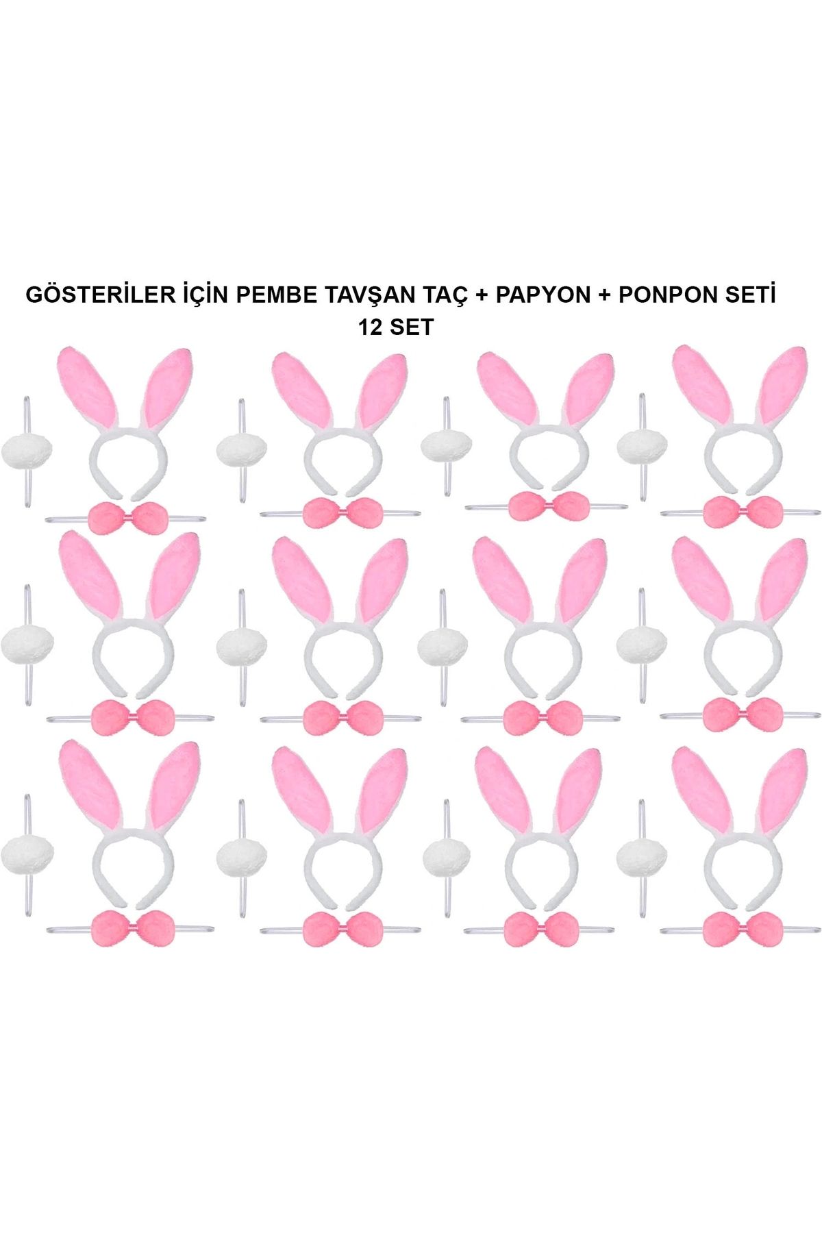 TTT Pembe Tavşan Kostüm Seti – Taç, Papyon, Ponpon (12’li Paket)