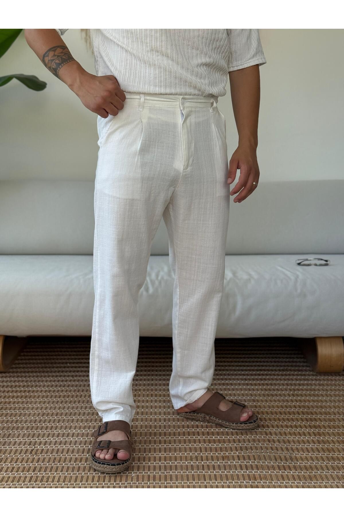 MENOFOURSWEAR Beyaz Ham Keten Premium Baggy Kalıp Pantolon