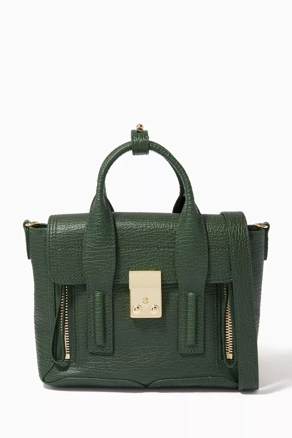 3.1 Phillip Lim Pashli Mini Yeşil Çanta Shark Deri Dokulu, Metal Detaylı ve Çapraz Askılı