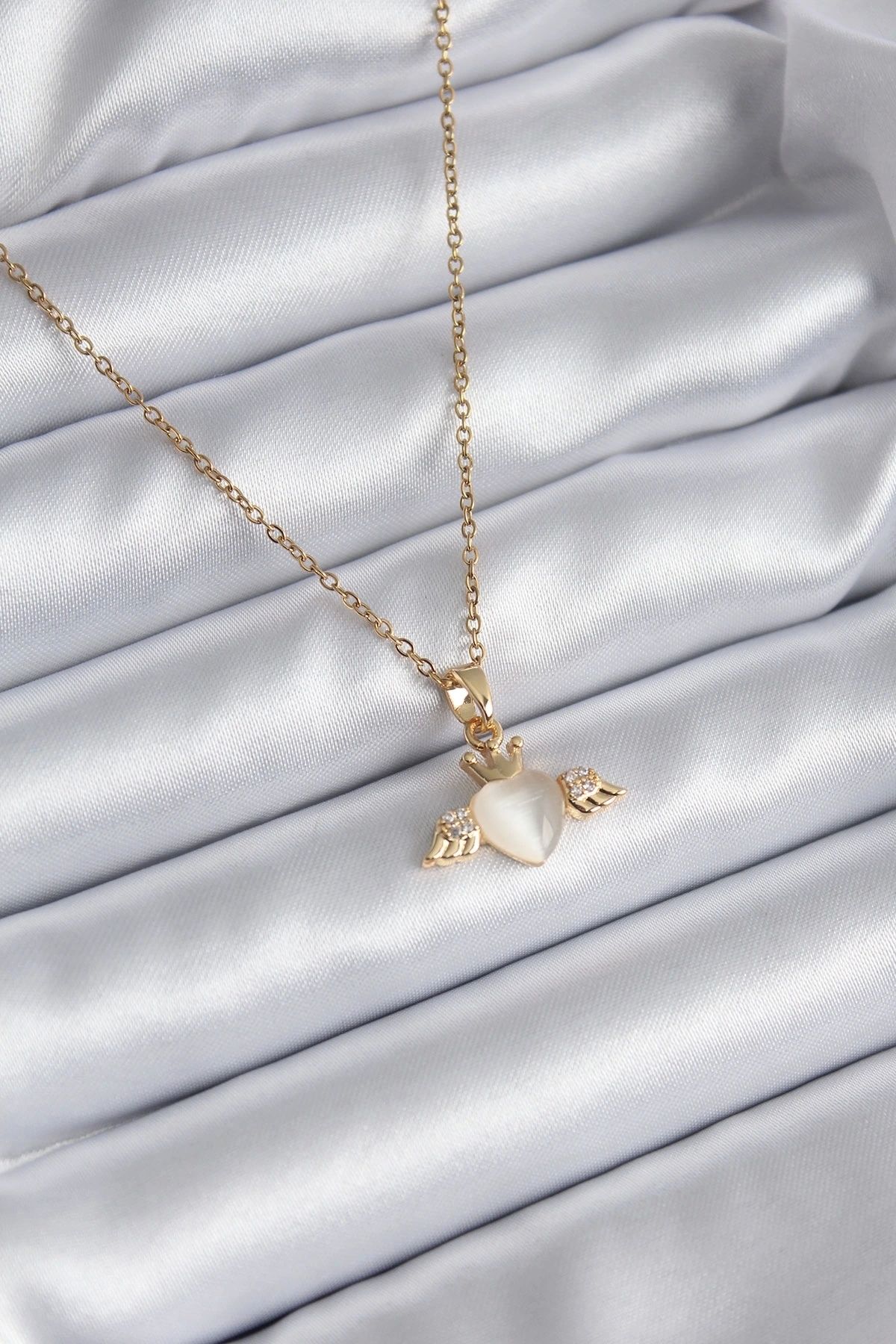 shopwave 316L Çelik Gold Renk Kanatlı Kalp Model Zirkon Taşlı Kadın Kolye