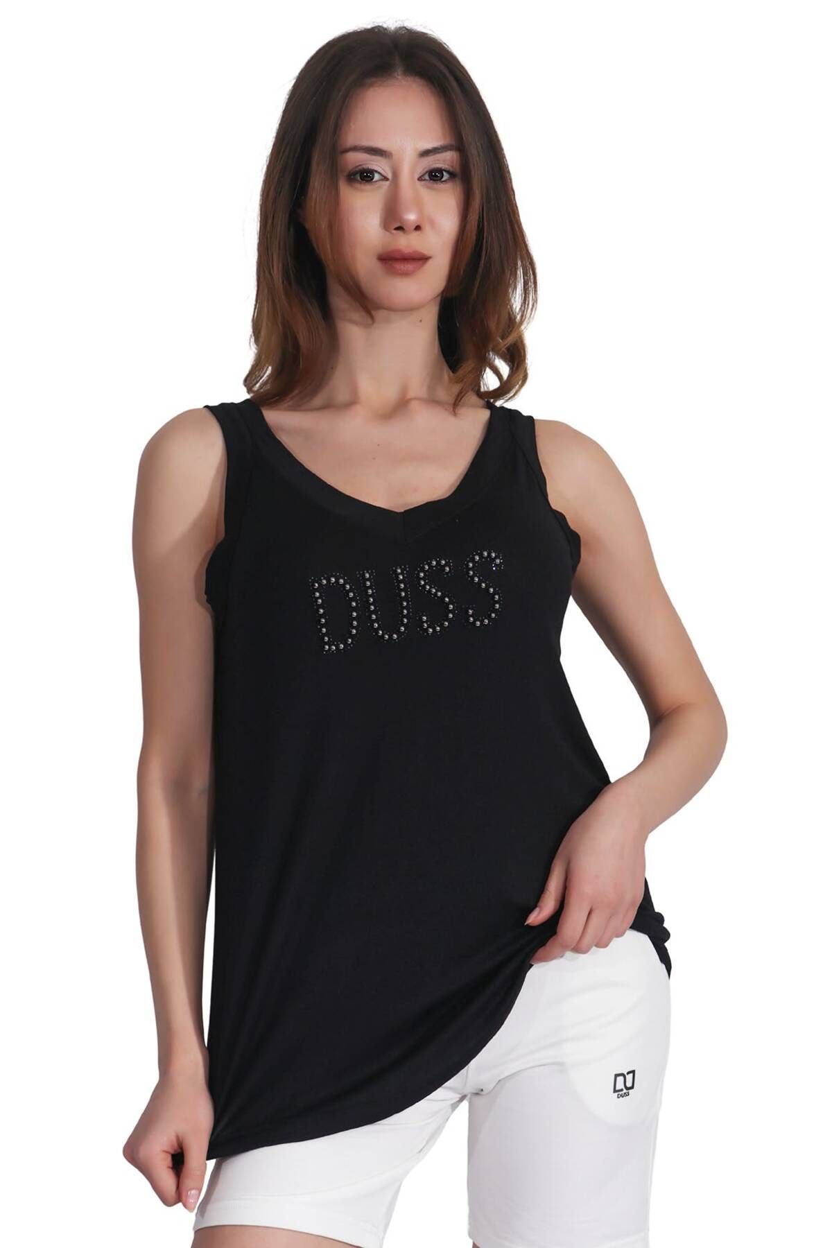 Duss Işıltılı Siyah V Yaka Tişört