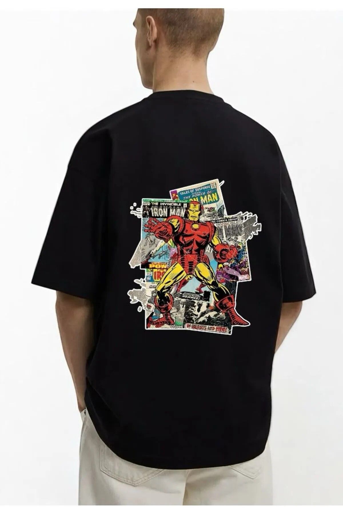 DEEFWEAR Siyah Mar-vel Iron Man Collage Serisi Ön/Arka Baskılı Oversize T-shirt