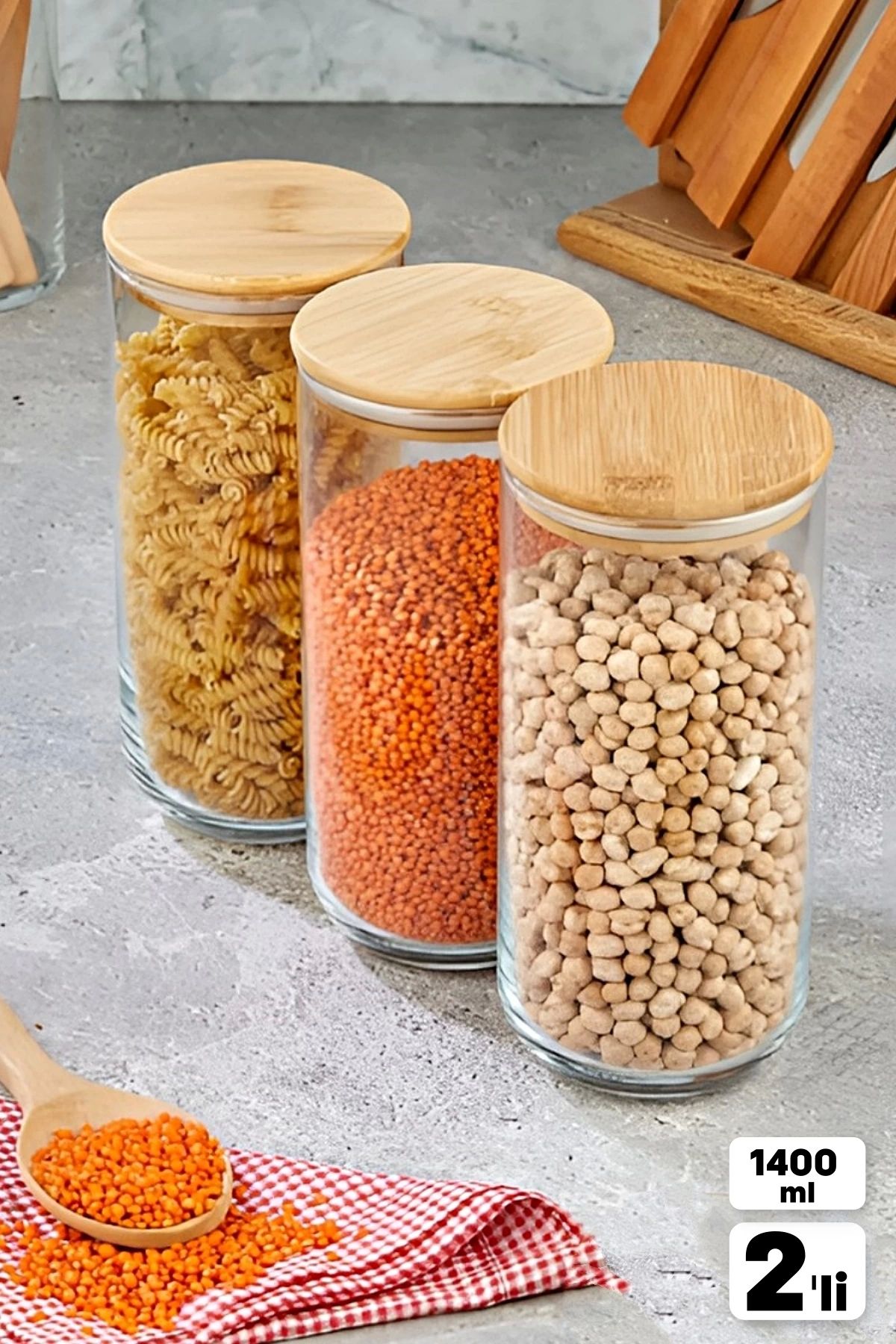 Tilbe Home 2 Adet Vakumlu Bambu Kapaklı Cam Kavanoz 1400ml Baharatlık Bakliyat Gıda Saklama Kabı Organizer