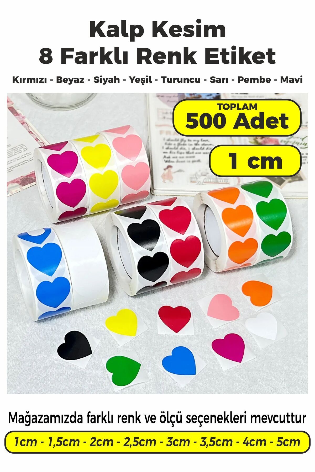 SB store Karışık Renk Kalp Kesim Çok Amaçlı Etiket 1cm 500 Adet