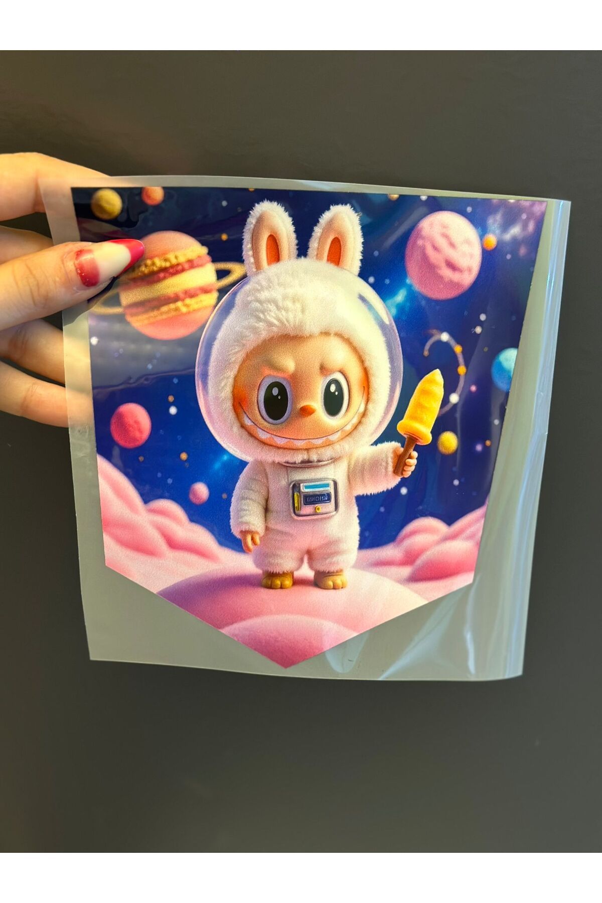 Gönülden Tasarım ÜTÜ İLE YAPIŞAN ASTRONOT LABUBU TRANSFER BASKI ARMA 18X16 CM