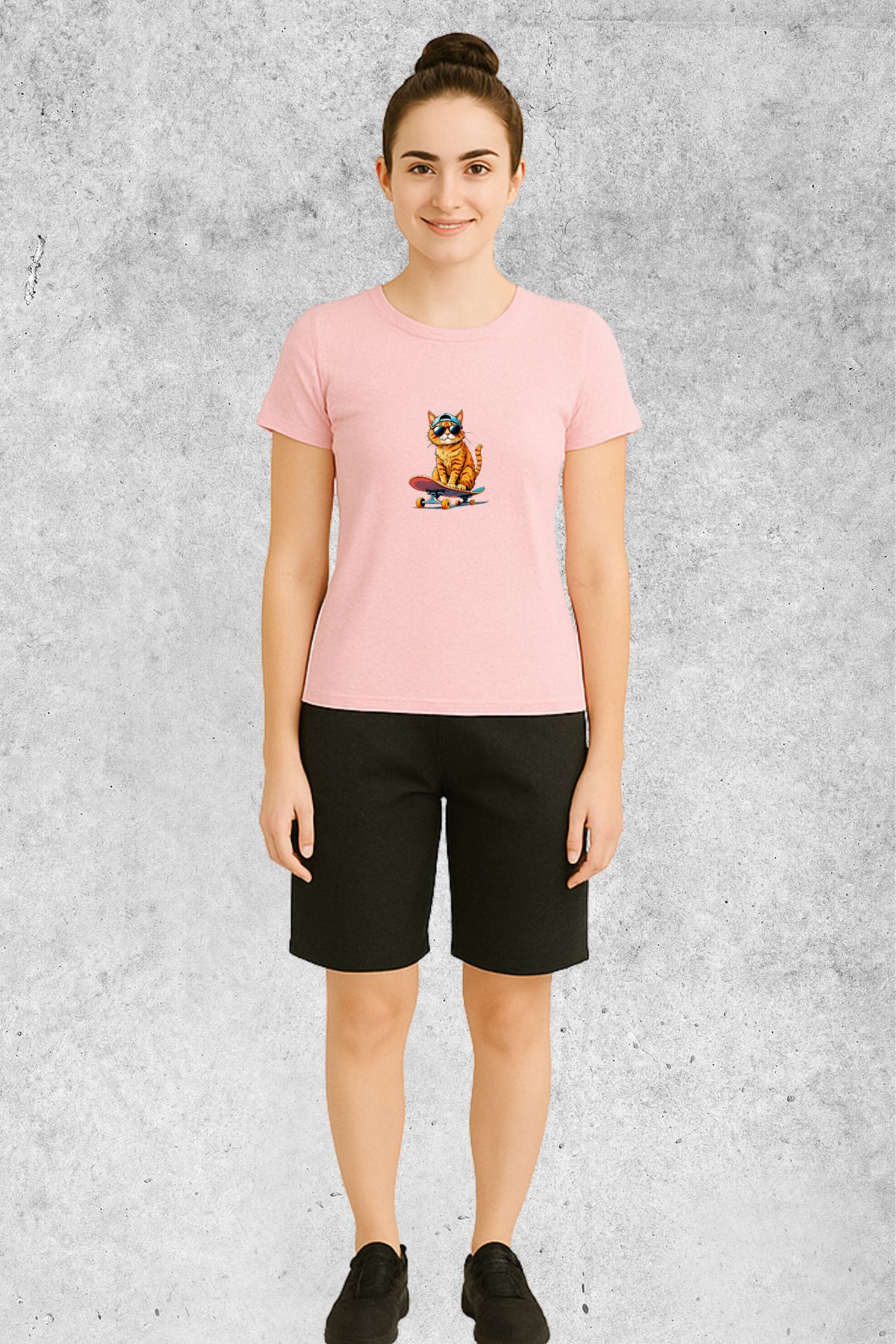 MOLICO Basic unisex sıfır yaka kısa kollu KAYAN KEDİ BASKILI TSHİRT