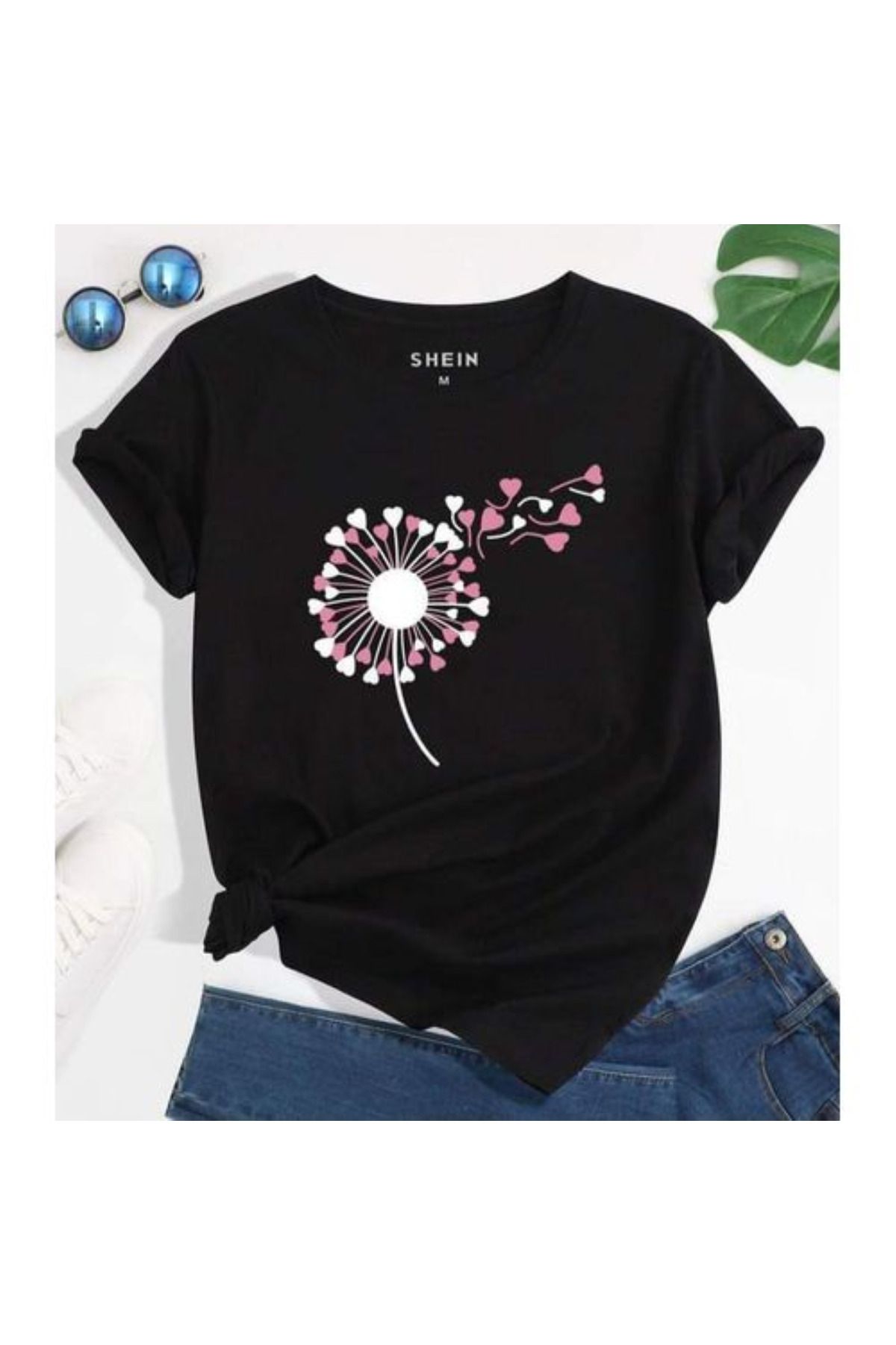 aynewmoda Gül desenli kısa kollu yuvarlak yakalı tişört