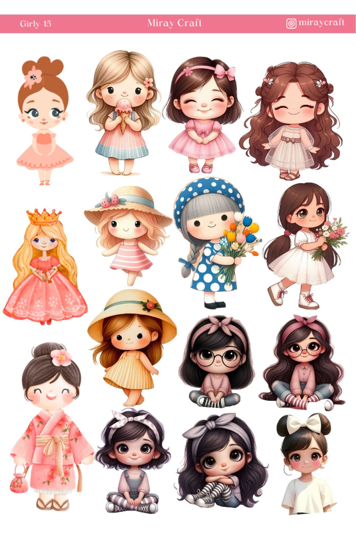 MirayDesign 1 Adet Girl Temalı Anime İllüstrasyon Sticker (12x17 cm) Bullet Journal, Scrapbook, Ajanda İçin