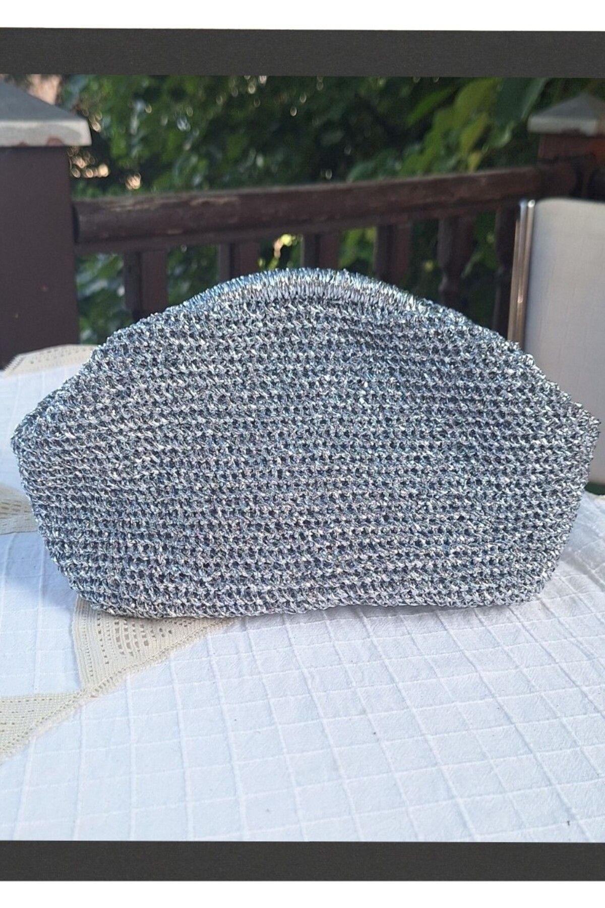 Butik KADIN GÜMÜŞ RENGİ METALİK İP BURSLU ÇANTA HAND MADE EL ÖRGÜSÜ
