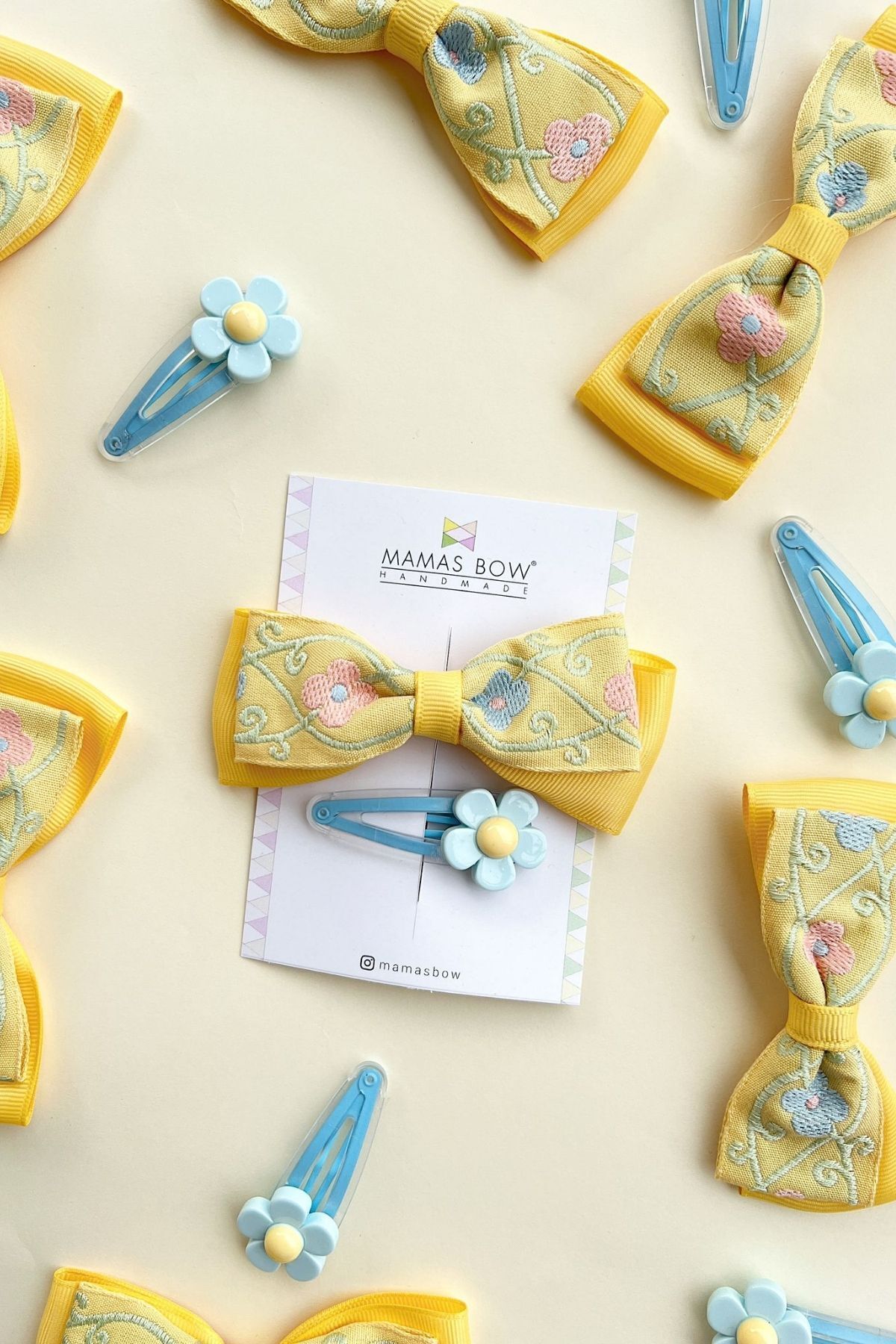 MAMASBOW 2li Sarı Ve Mavi Çiçekli Toka Set