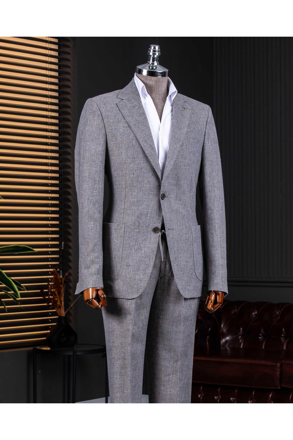İtalyan stil slim fit mono yaka ceket pantolon takım elbise gri T14364 — خاکستری